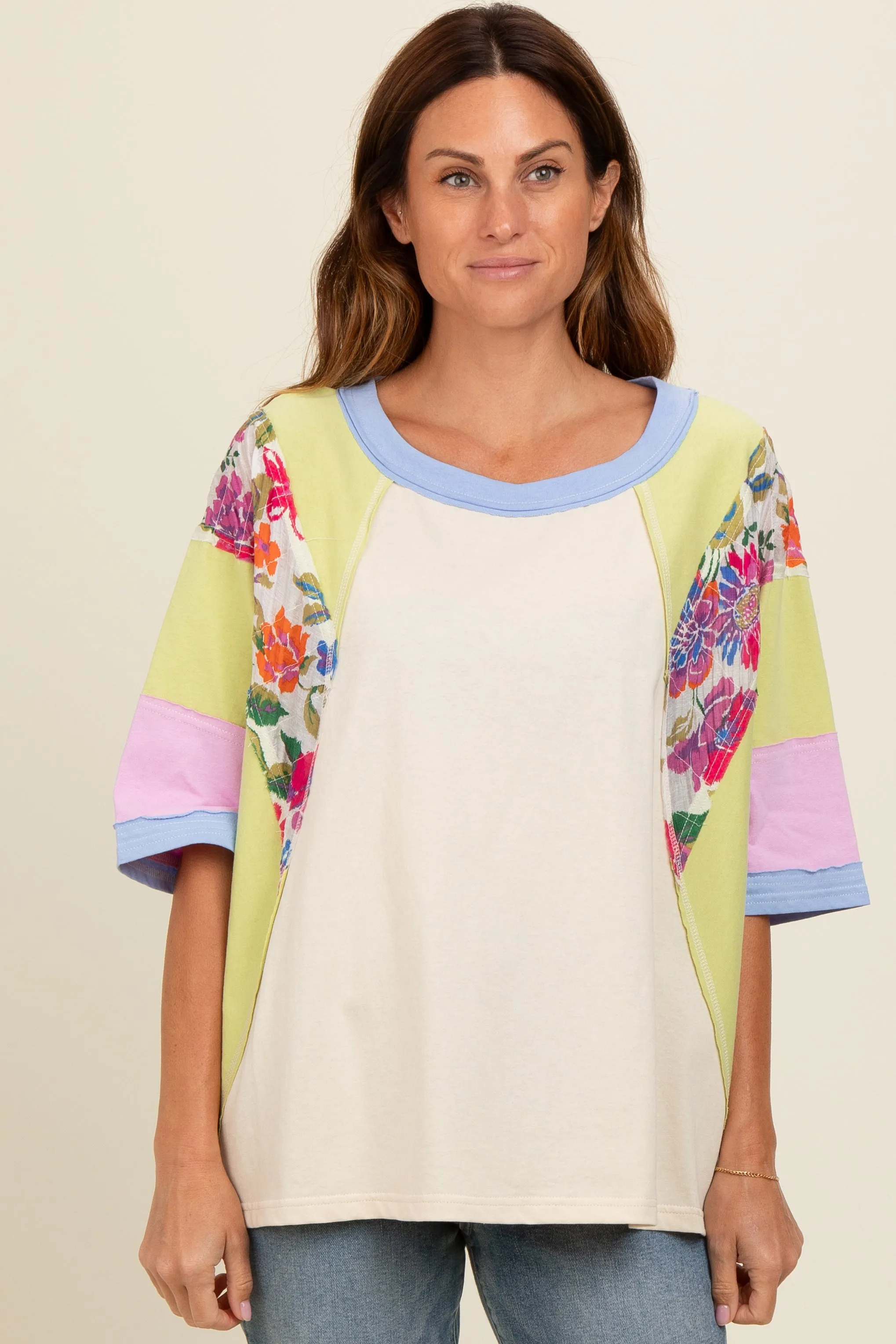 Lime Floral Colorblock Raw Hem Oversized Top sold by Pinkblush product image thumbnail 2
