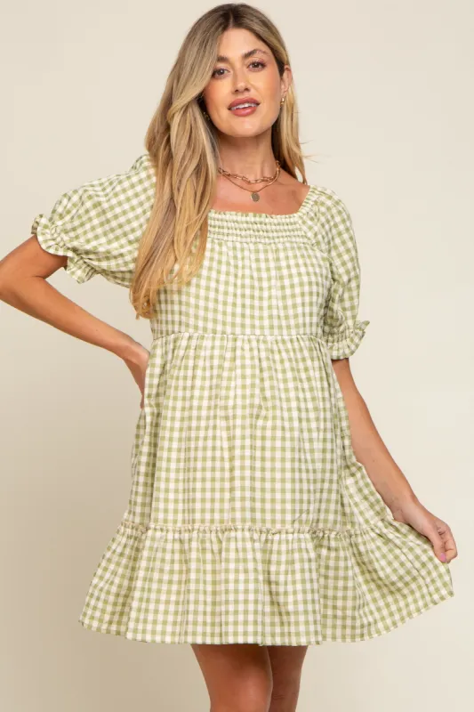 Sage Gingham Tiered Maternity Dress sold by Pinkblush