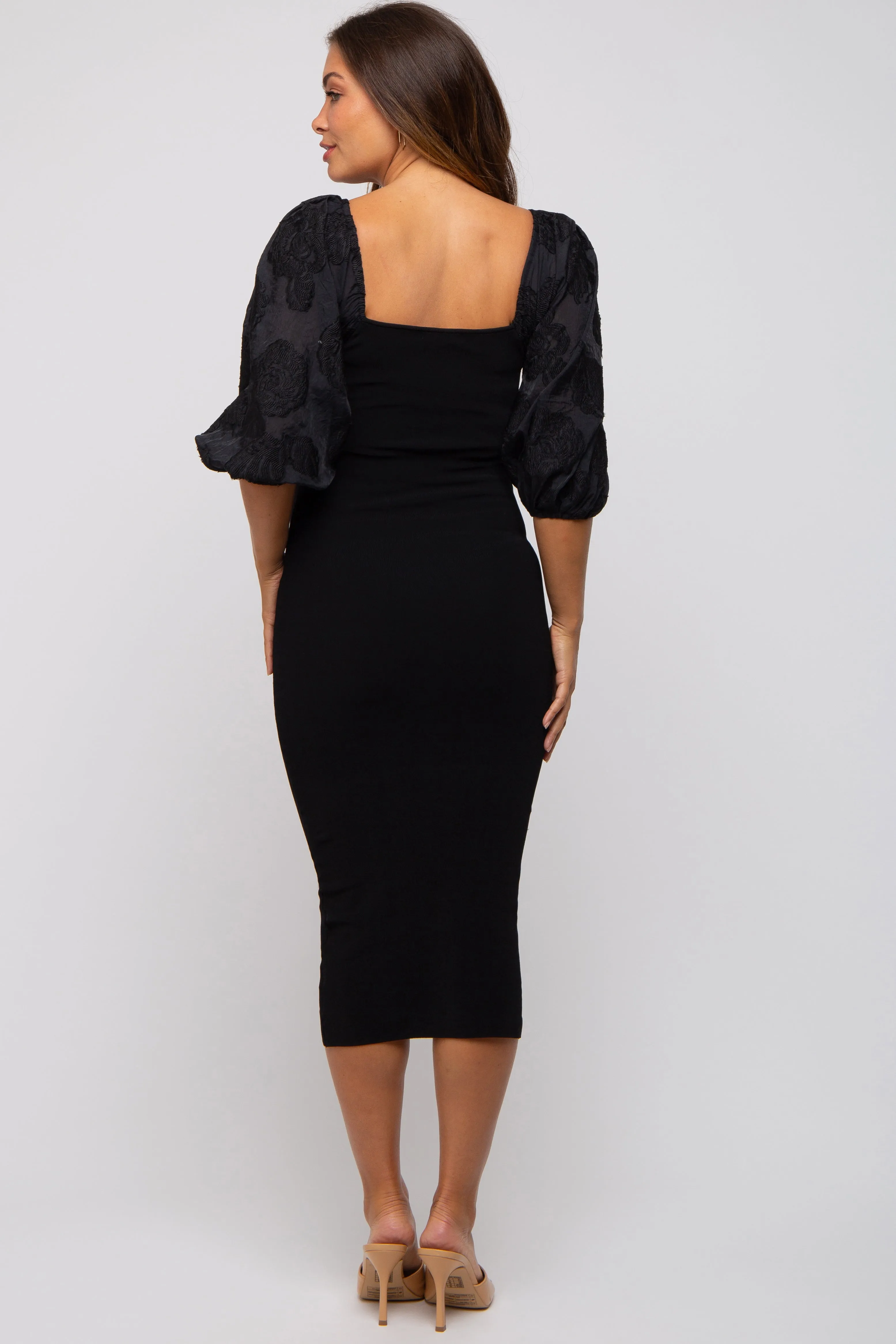 Black Floral Puff Sleeve Maternity Midi Dress sold by Pinkblush product image thumbnail 3