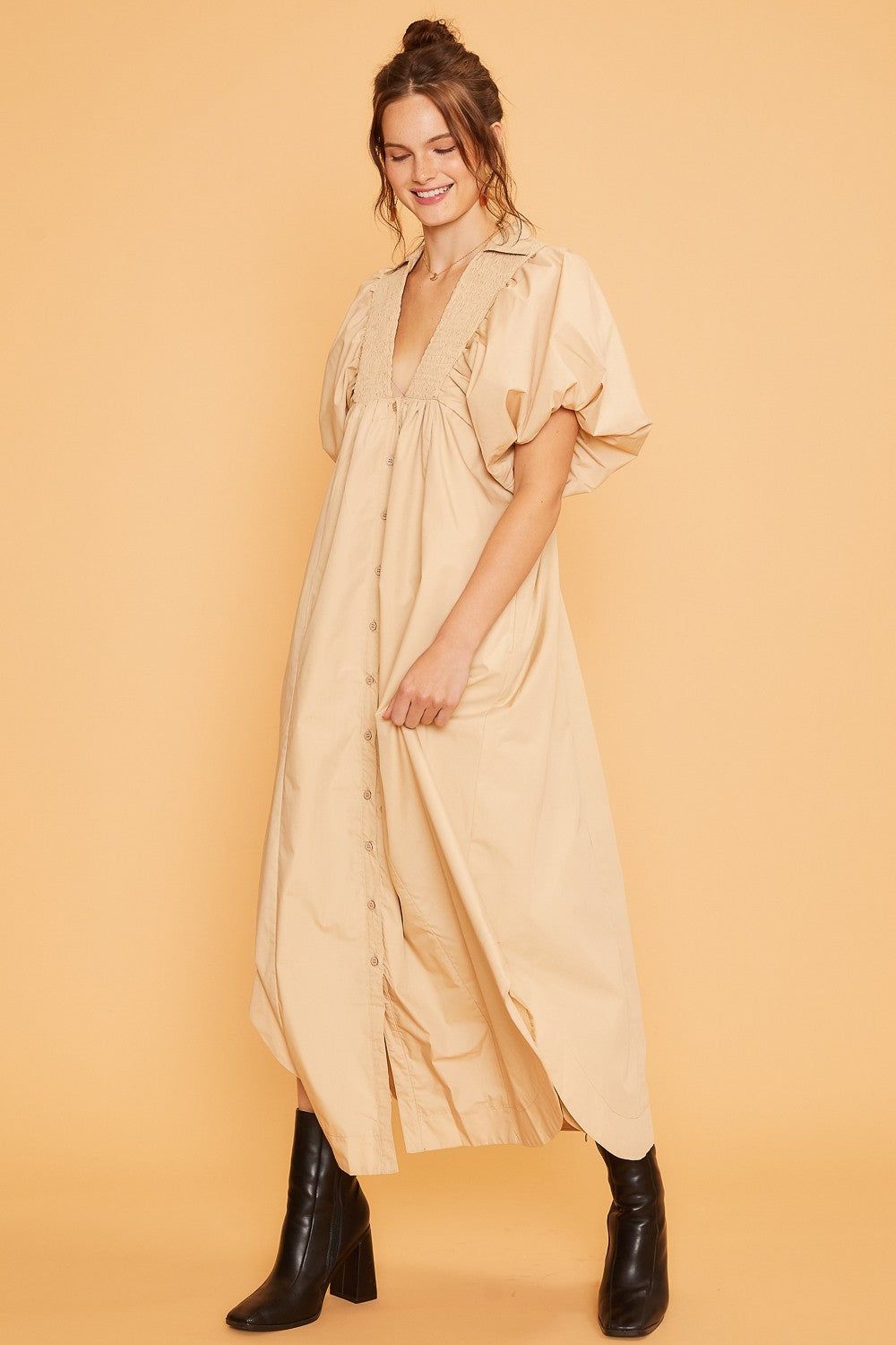 Cream Smock Detail Puff Sleeve Midi Dress sold by Pinkblush