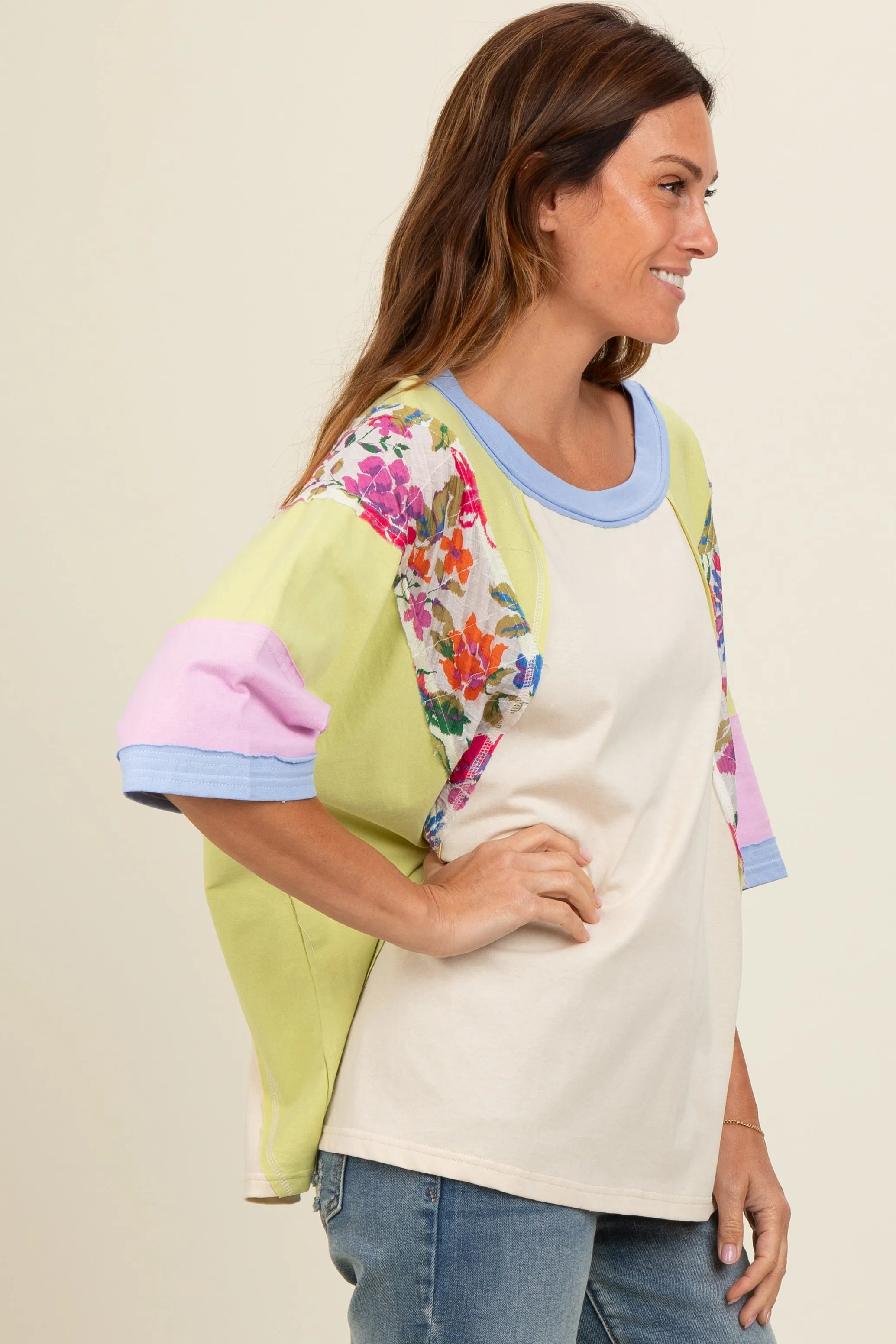 Lime Floral Colorblock Raw Hem Oversized Top sold by Pinkblush product image thumbnail 3