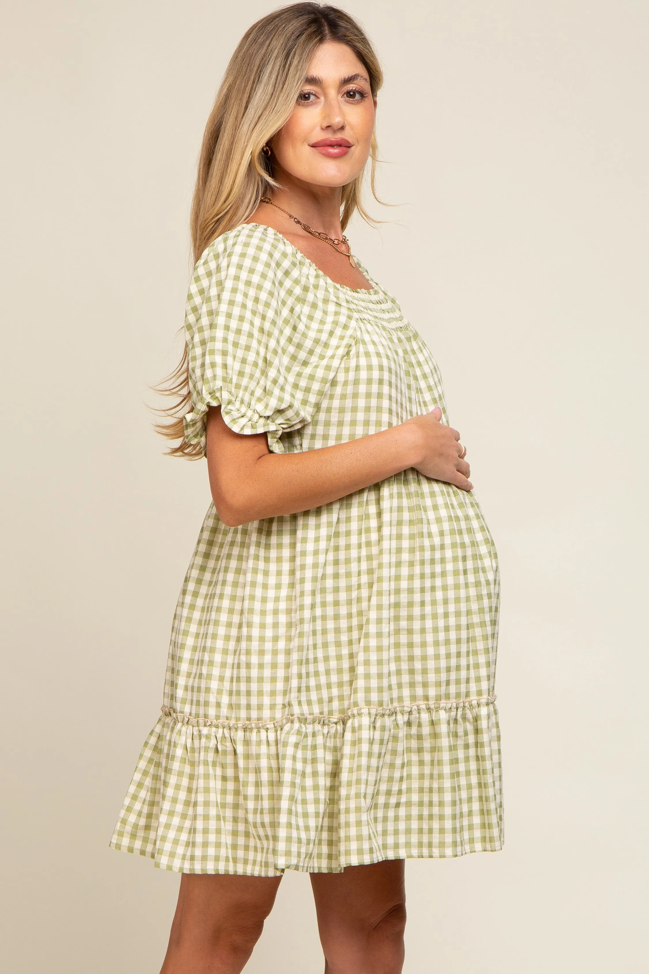 Sage Gingham Tiered Maternity Dress sold by Pinkblush product image thumbnail 2