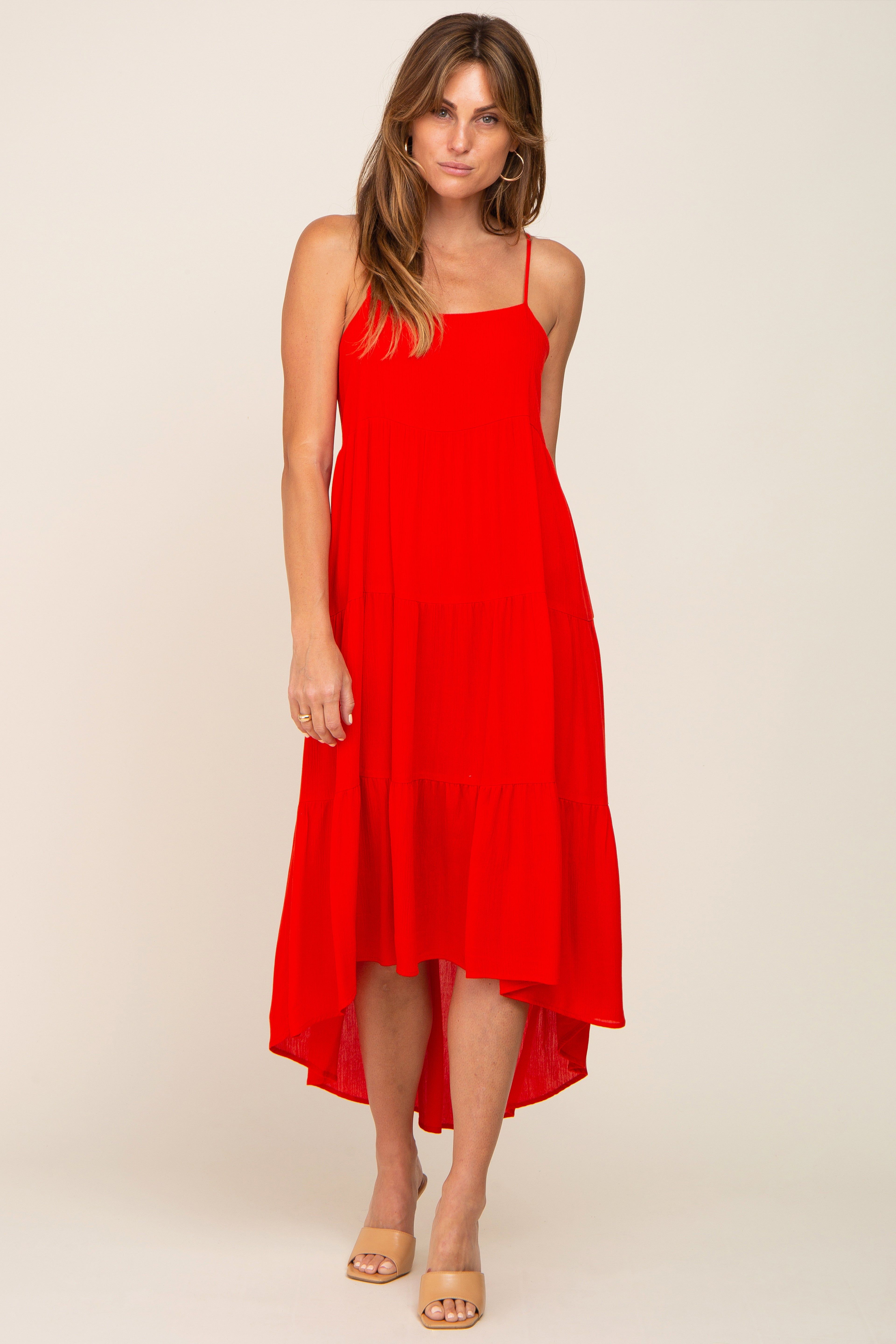 Red Square Neck Tiered Hi-Low Maternity Midi Dress sold by Pinkblush product image thumbnail 5