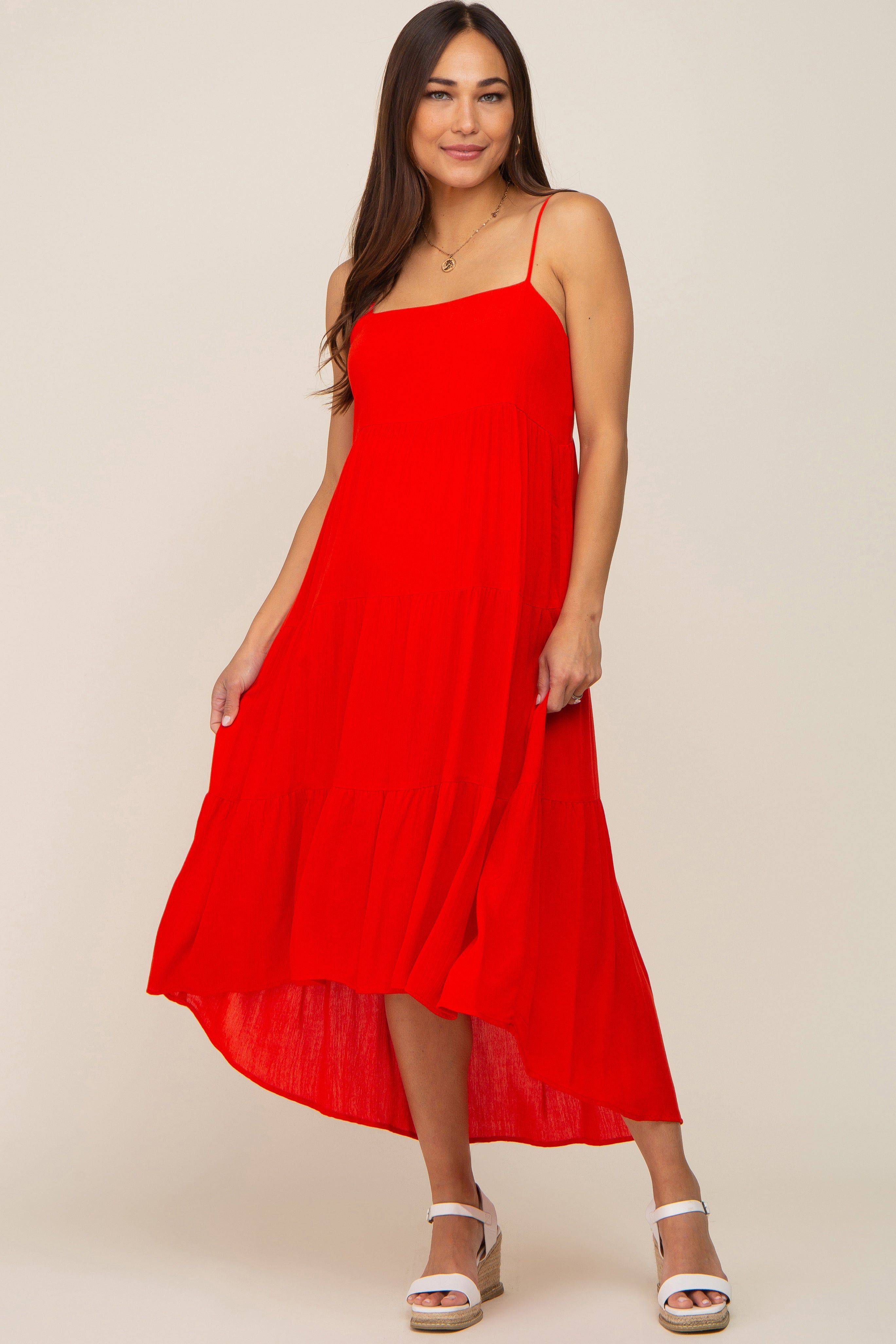 Red Square Neck Tiered Hi-Low Maternity Midi Dress sold by Pinkblush product image thumbnail 2