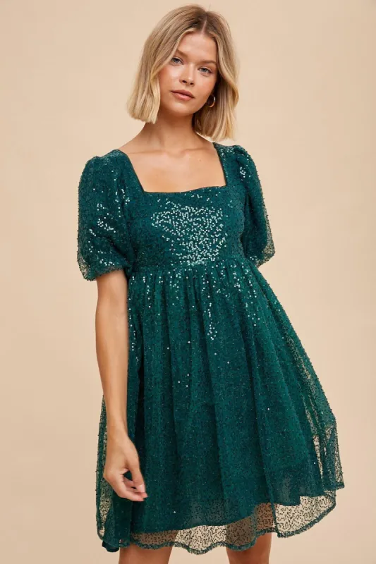 Forest Green Sequin Pearl Embellished Square Neck Babydoll Dress sold by Pinkblush