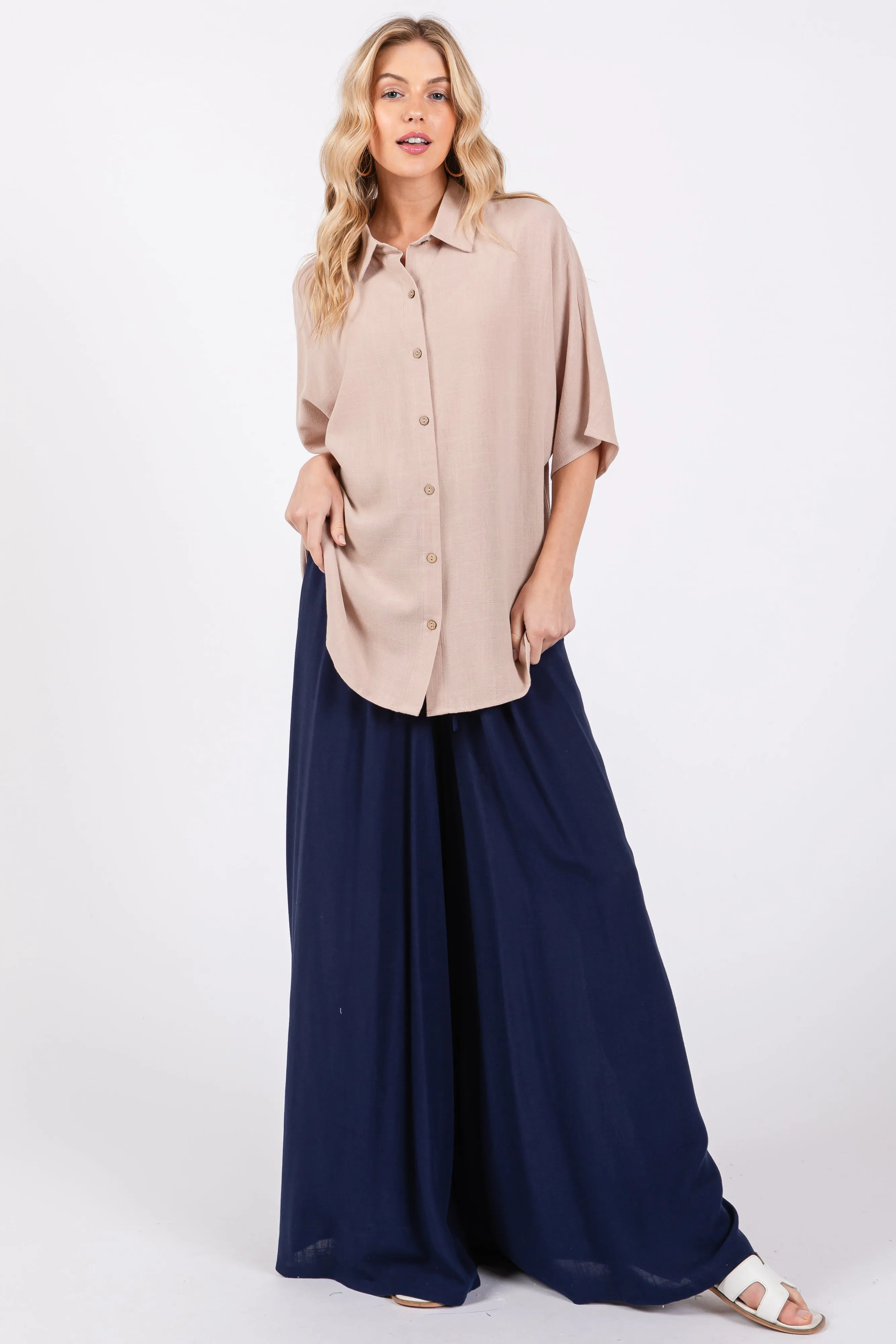 Beige Linen Dolman Half Sleeve Button Down Top sold by Pinkblush product image thumbnail 5