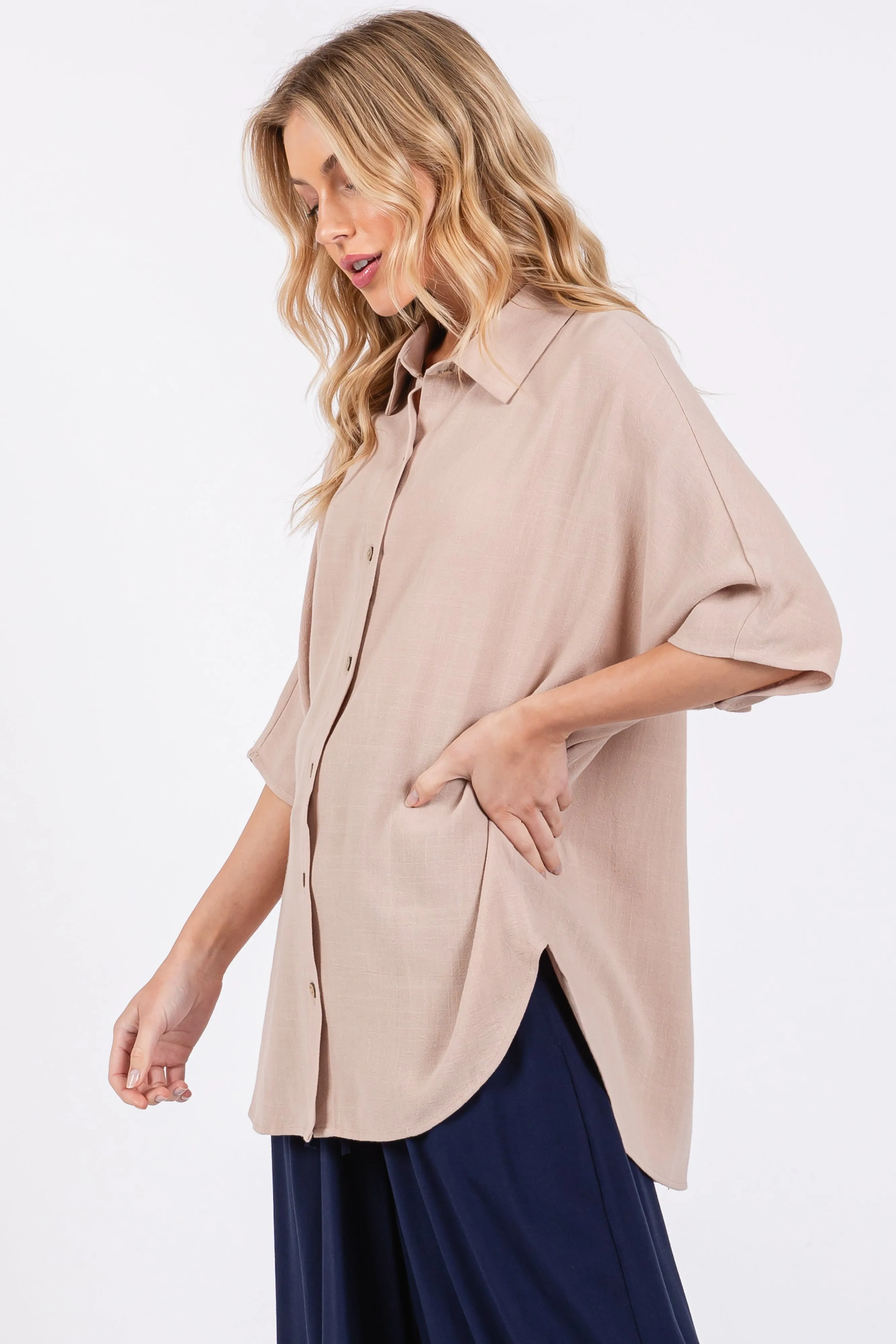 Beige Linen Dolman Half Sleeve Button Down Top sold by Pinkblush product image thumbnail 2