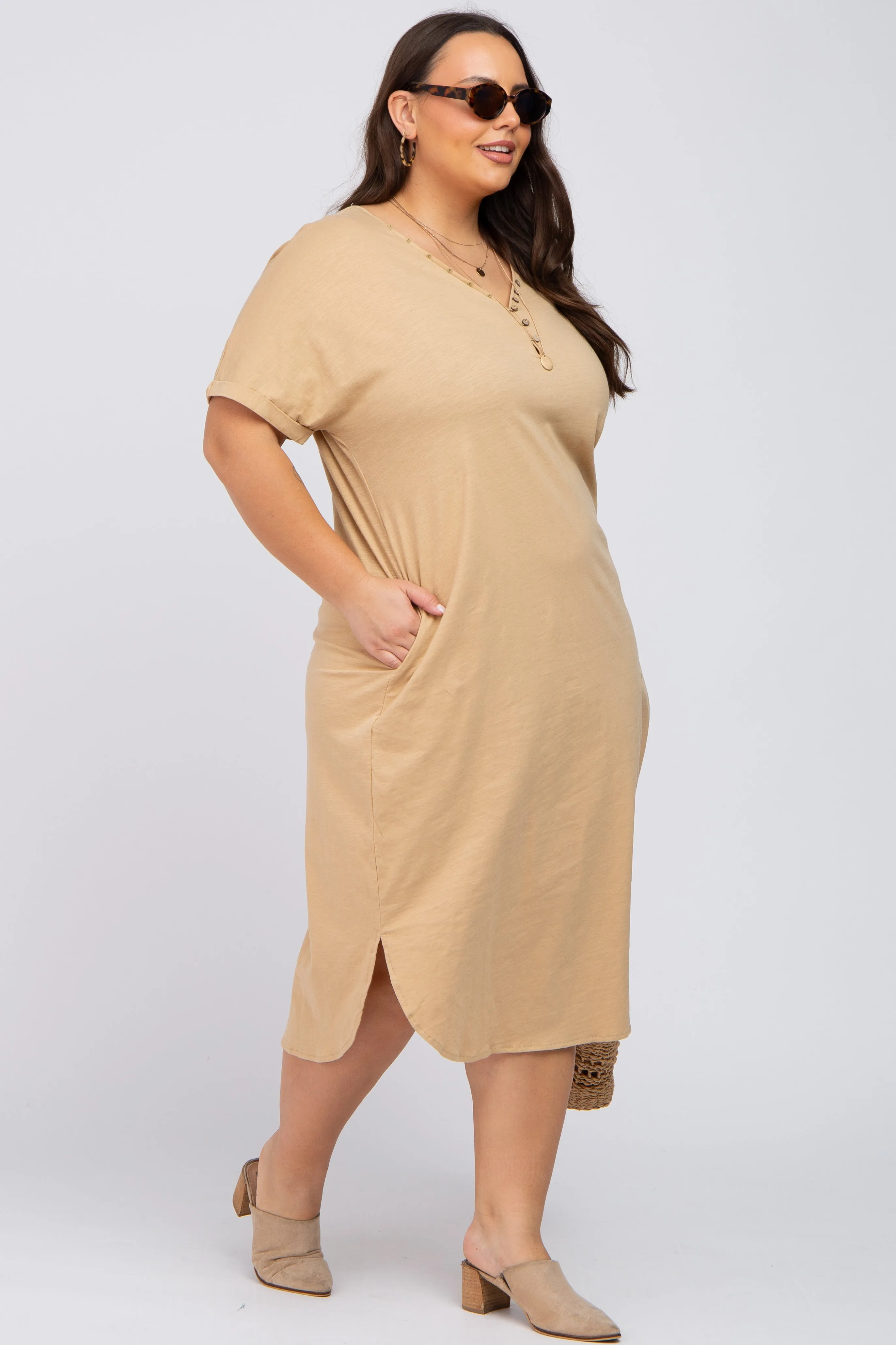 Camel Button Neck Round Hem Plus Dress sold by Pinkblush product image thumbnail 2