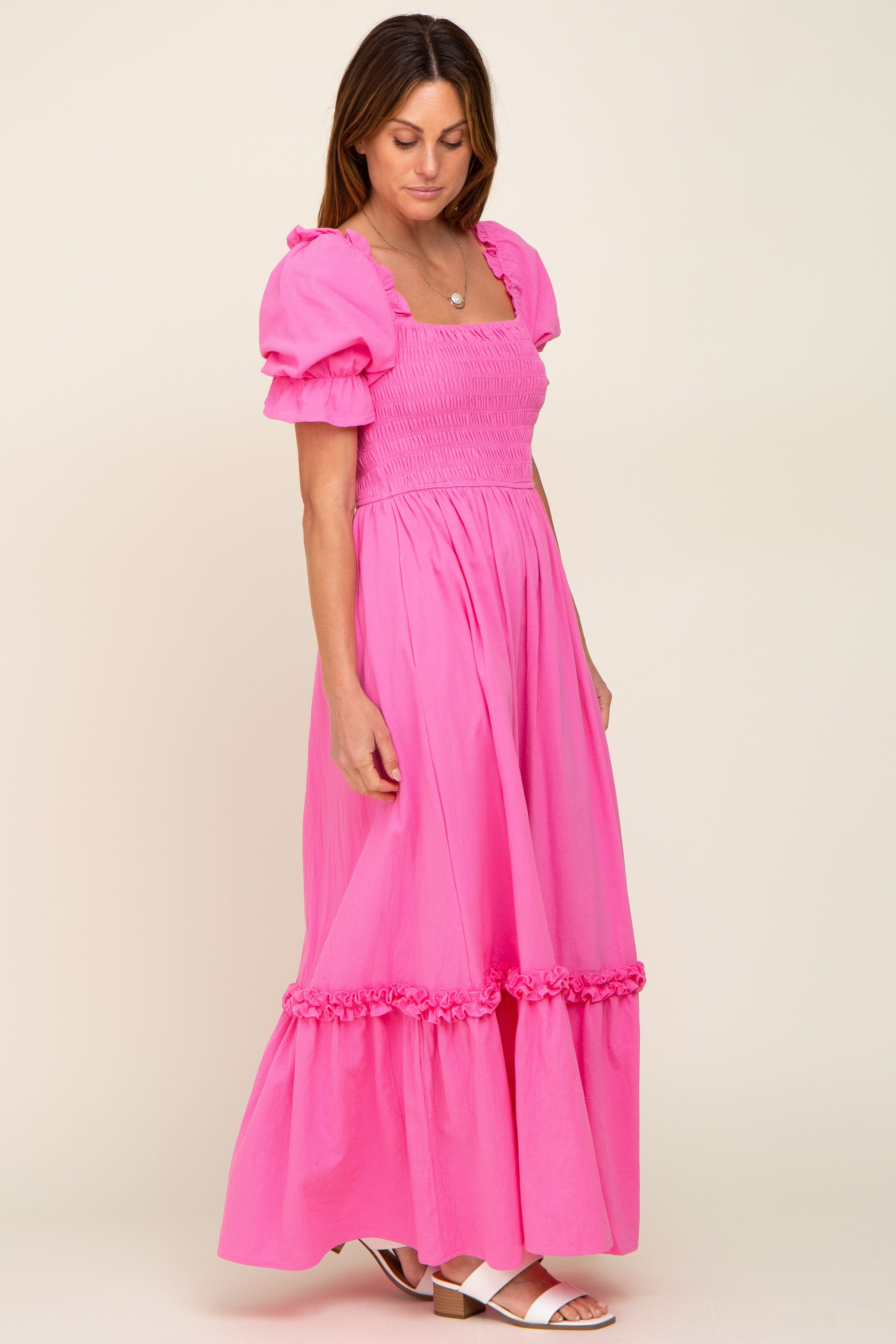 Hot Pink Puff Sleeve Ruffle Accent Maxi Dress sold by Pinkblush product image thumbnail 2