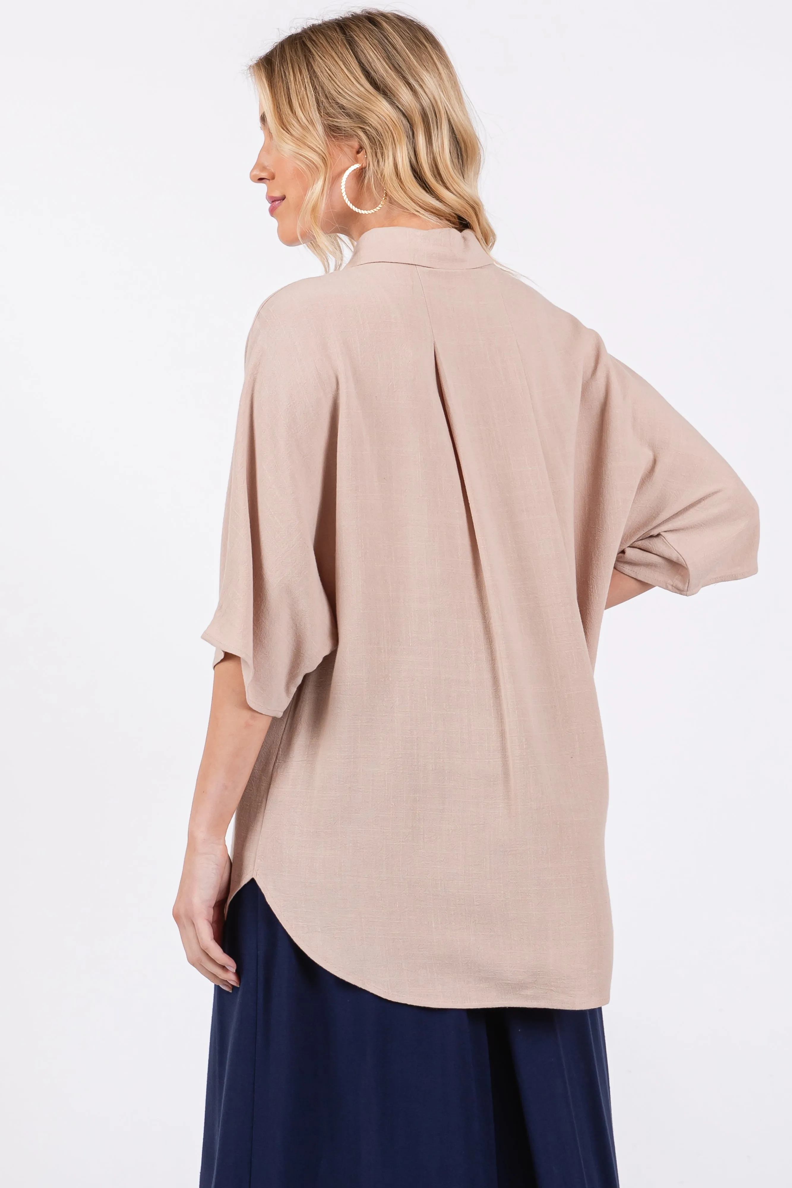 Beige Linen Dolman Half Sleeve Button Down Top sold by Pinkblush product image thumbnail 3
