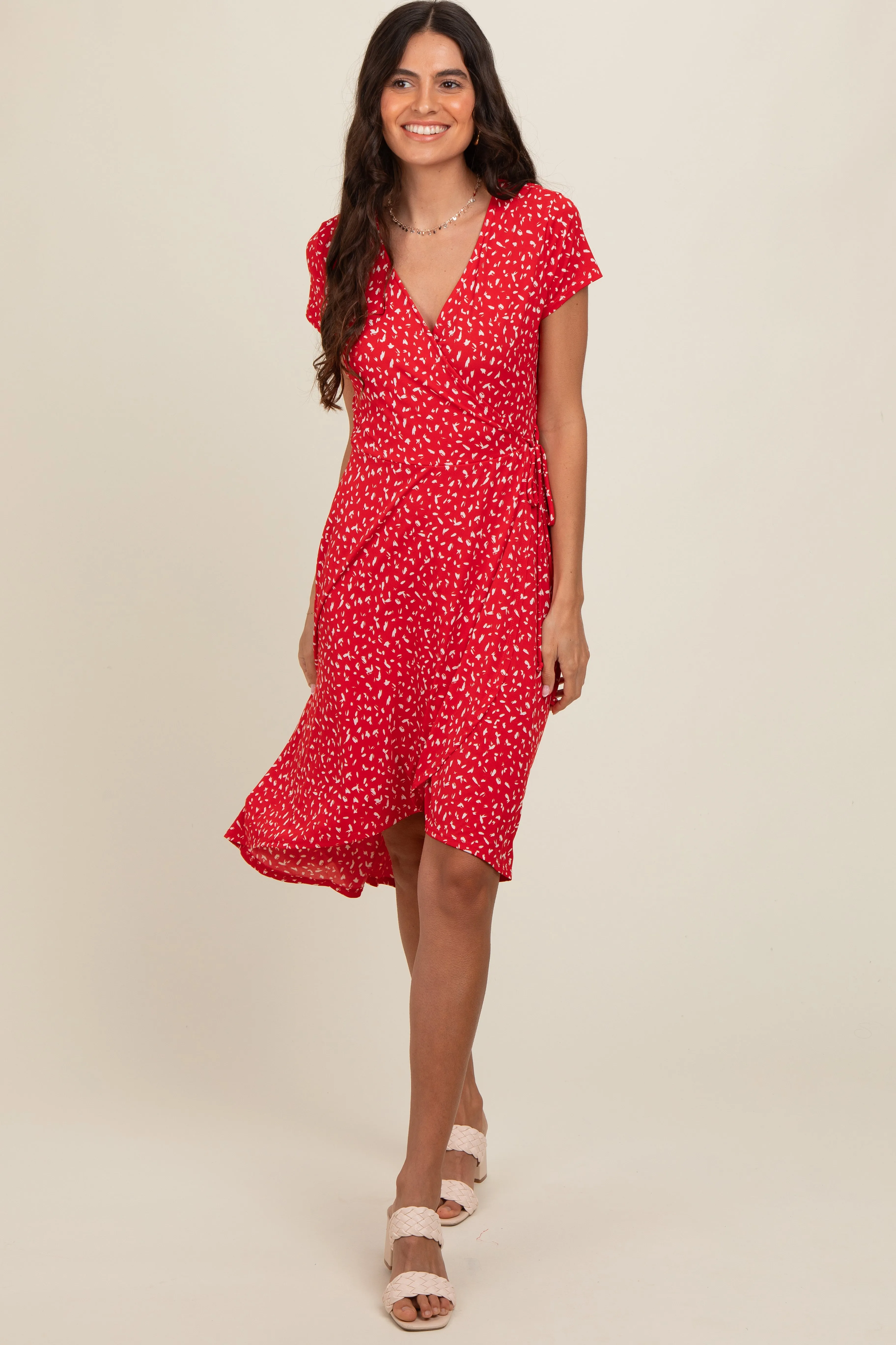 Red Printed Short Sleeve Wrap Midi Dress sold by Pinkblush product image thumbnail 2