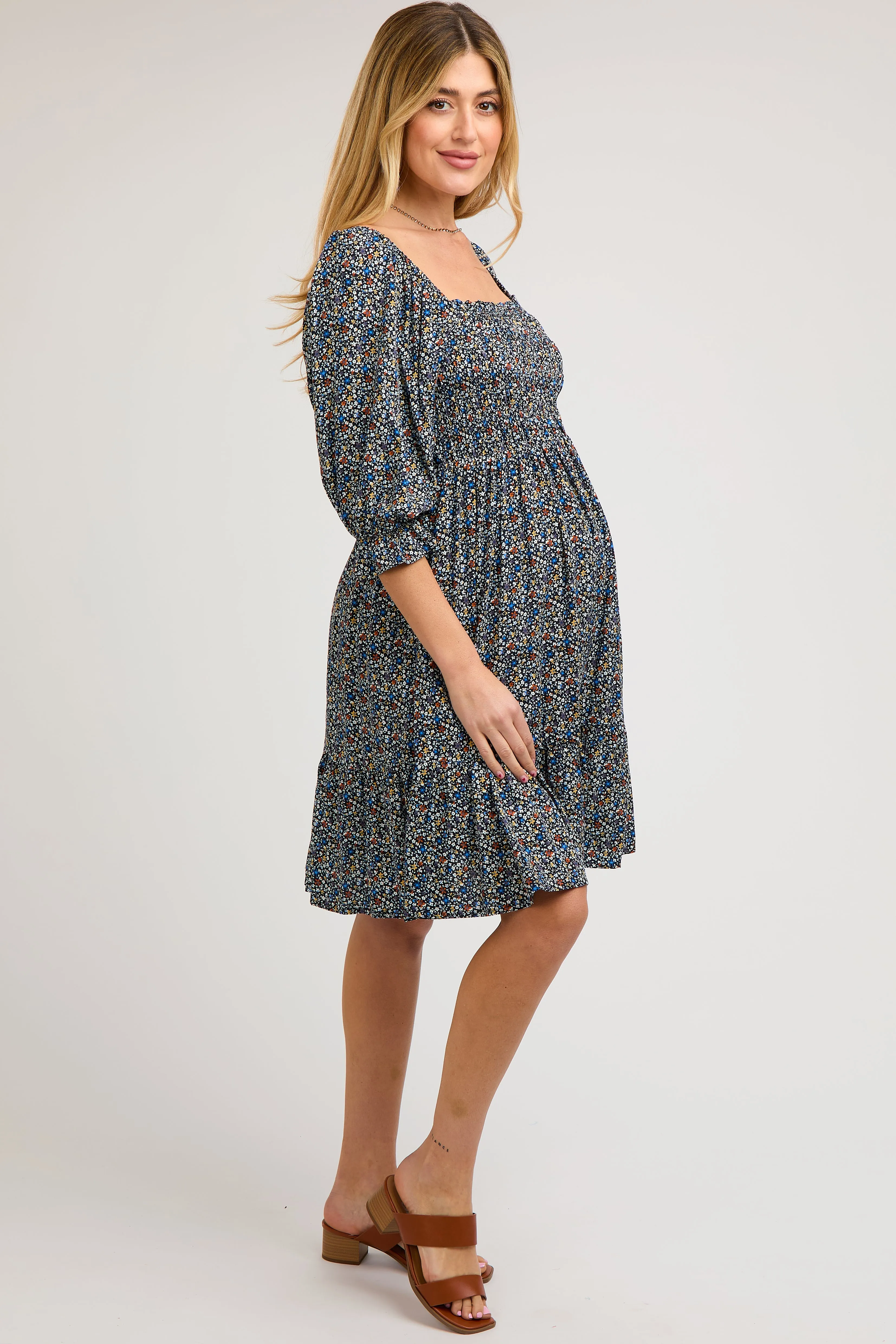 Navy Blue Floral Smocked Maternity Dress sold by Pinkblush product image thumbnail 3