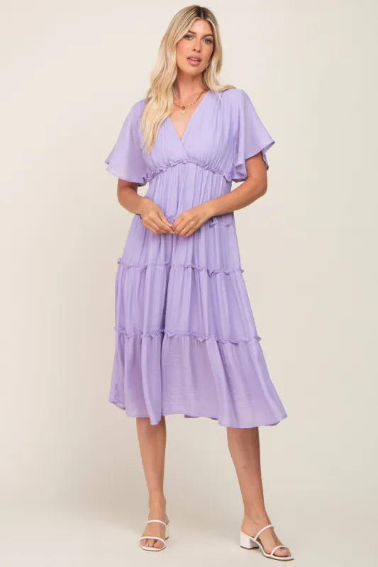 Lavender Ruffle Tiered V-Neck Midi Dress sold by Pinkblush