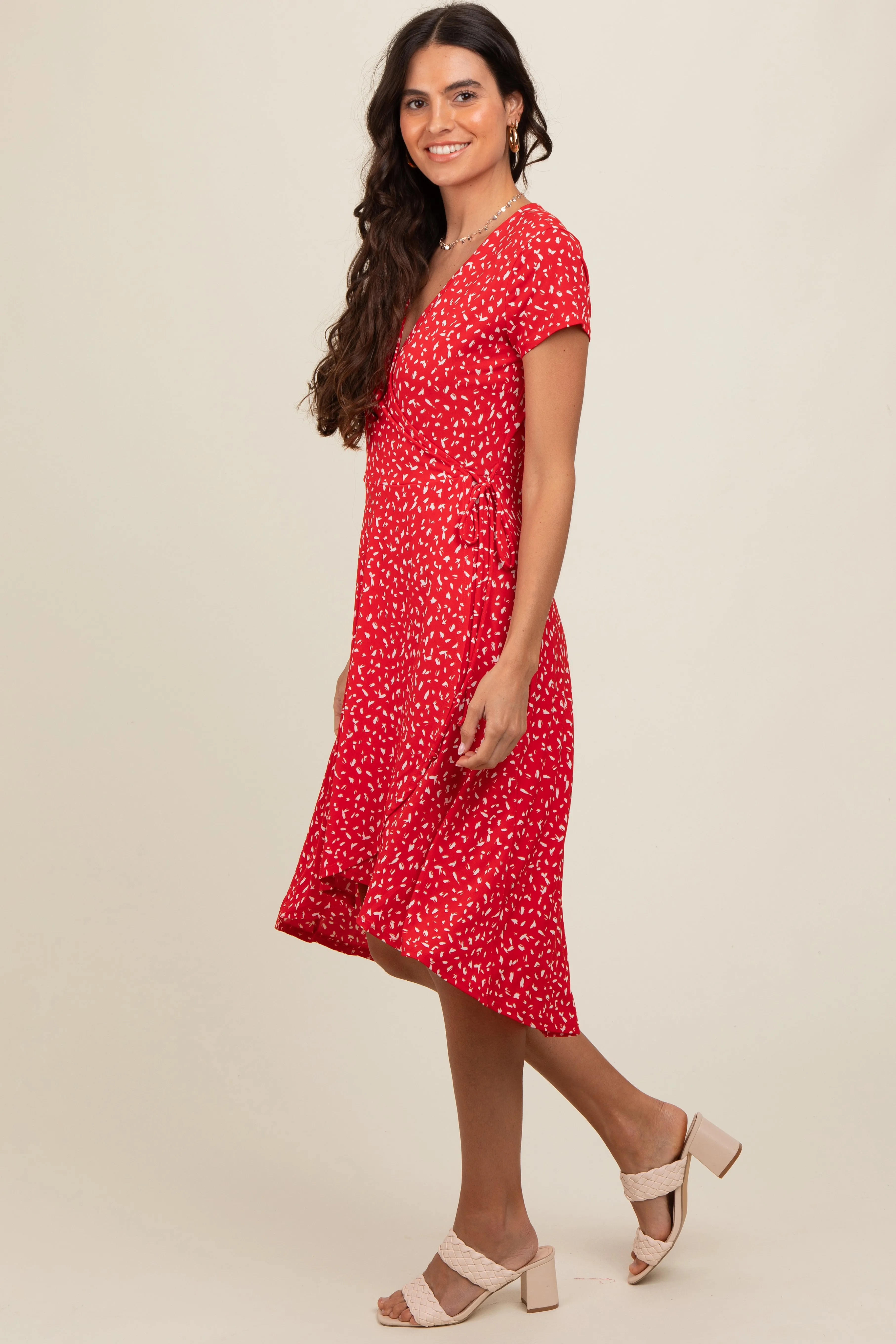 Red Printed Short Sleeve Wrap Midi Dress sold by Pinkblush product image thumbnail 3