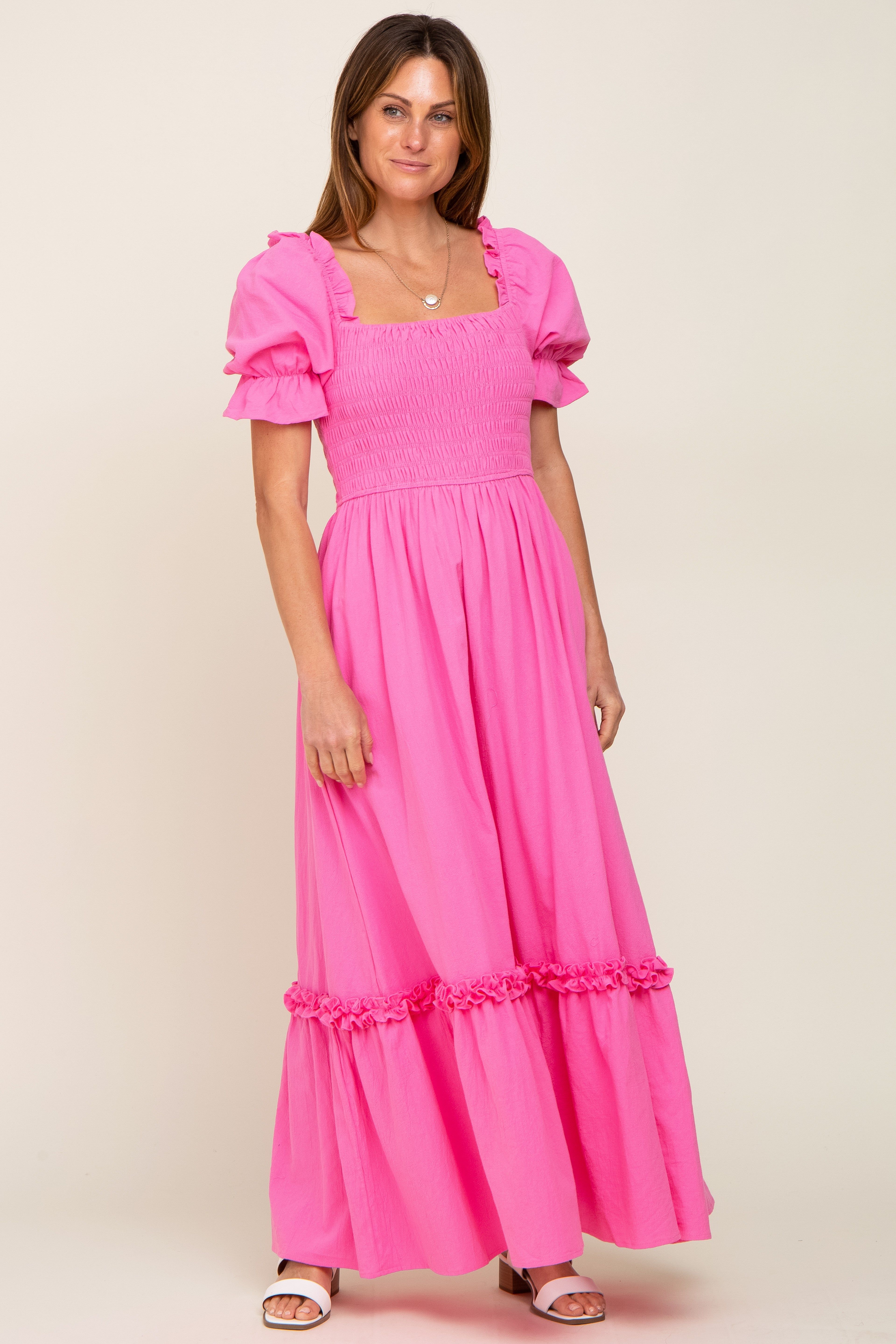 Hot Pink Puff Sleeve Ruffle Accent Maxi Dress sold by Pinkblush product image thumbnail 4