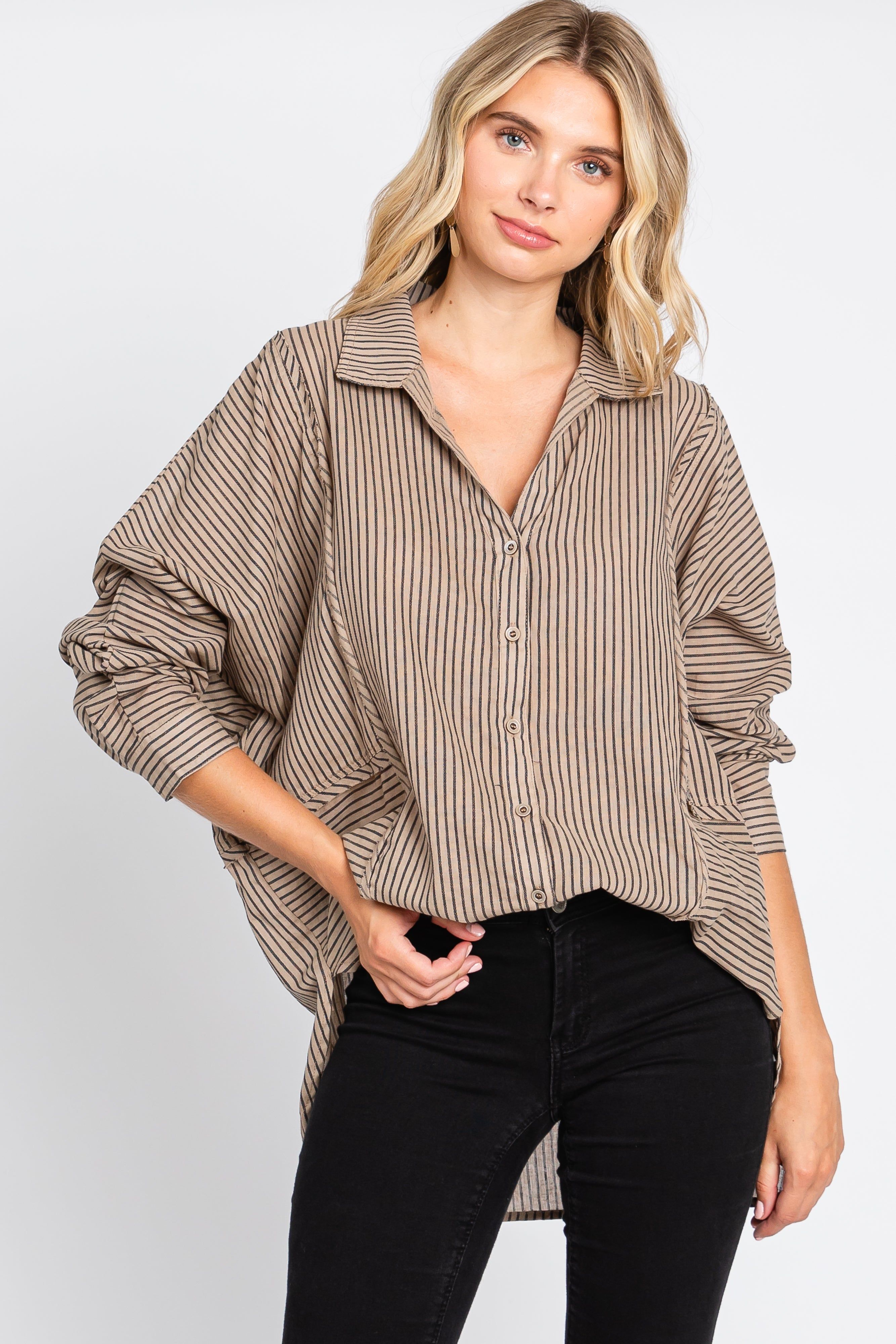 Mocha Striped Button Front Collared Long Sleeve Maternity Top sold by Pinkblush product image thumbnail 5
