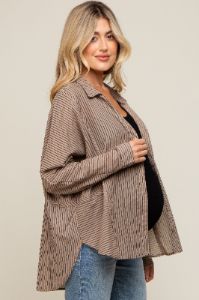 Mocha Striped Button Front Collared Long Sleeve Maternity Top sold by Pinkblush