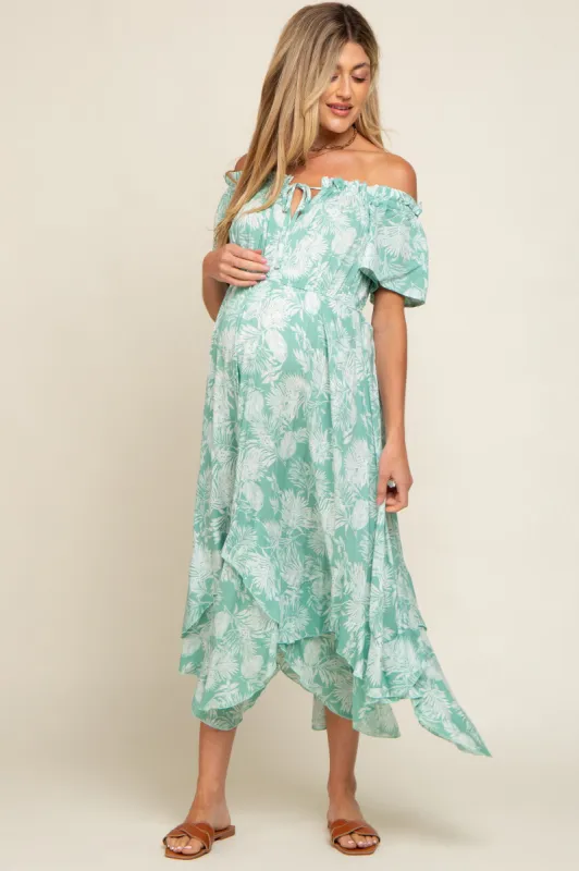 Mint Green Leaf Print Off Shoulder Handkerchief Maternity Midi Dress sold by Pinkblush