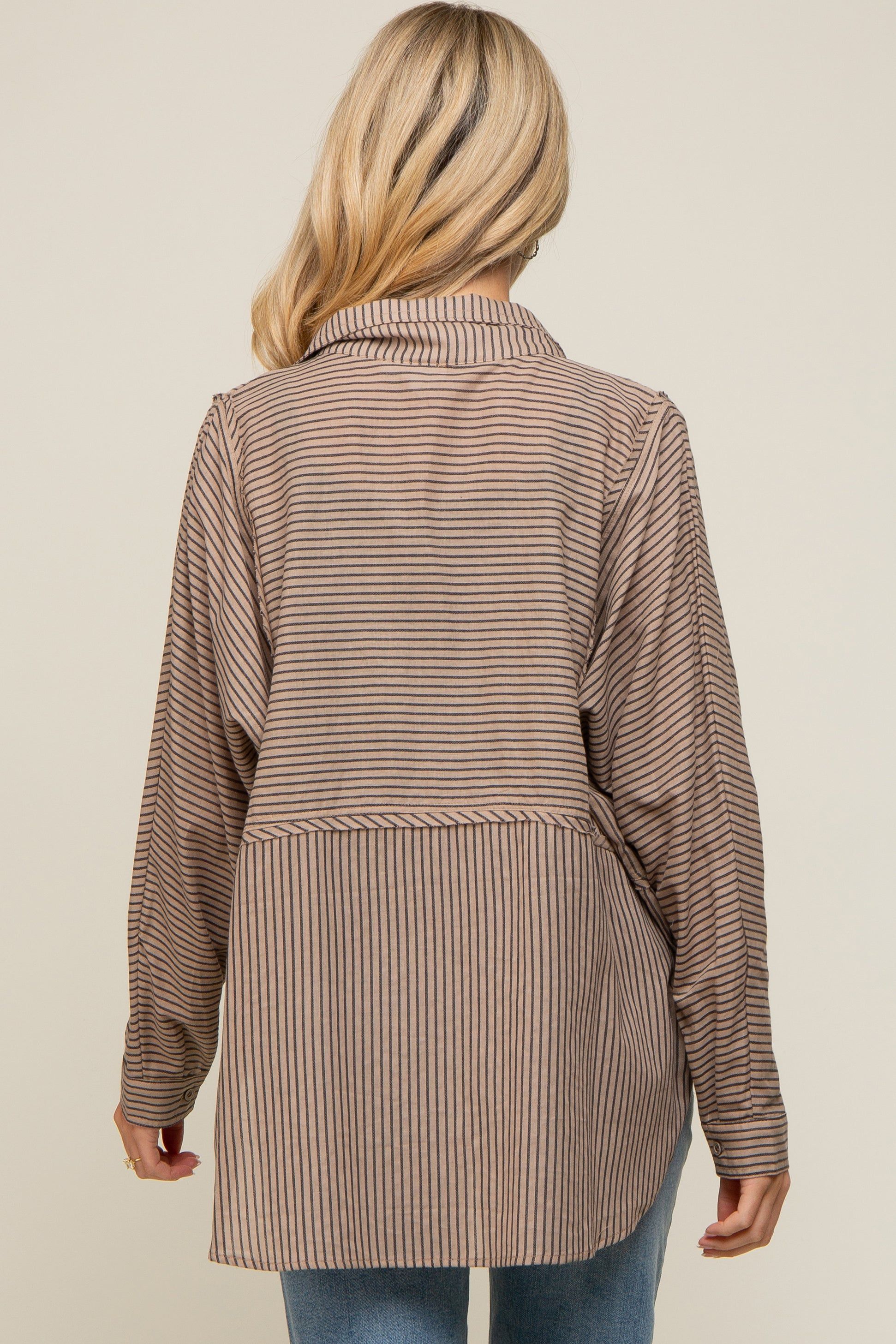 Mocha Striped Button Front Collared Long Sleeve Maternity Top sold by Pinkblush product image thumbnail 3
