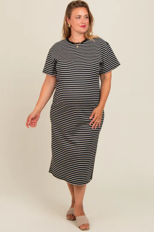 Black Striped Short Sleeve Maternity Plus T-Shirt Midi Dress sold by Pinkblush