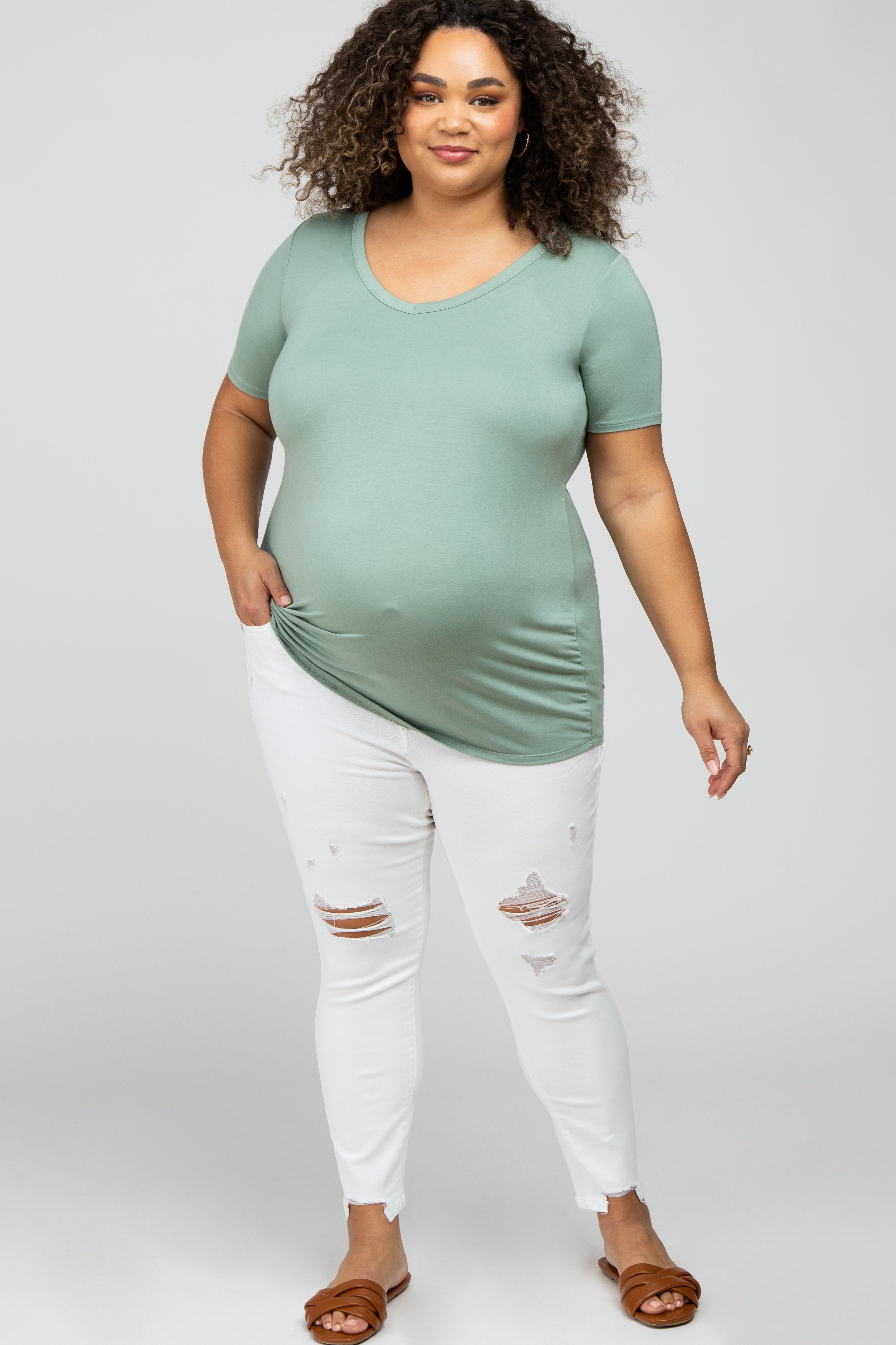 White Distressed Plus Maternity Jeans sold by Pinkblush