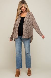 Mocha Striped Button Front Collared Long Sleeve Maternity Top sold by Pinkblush