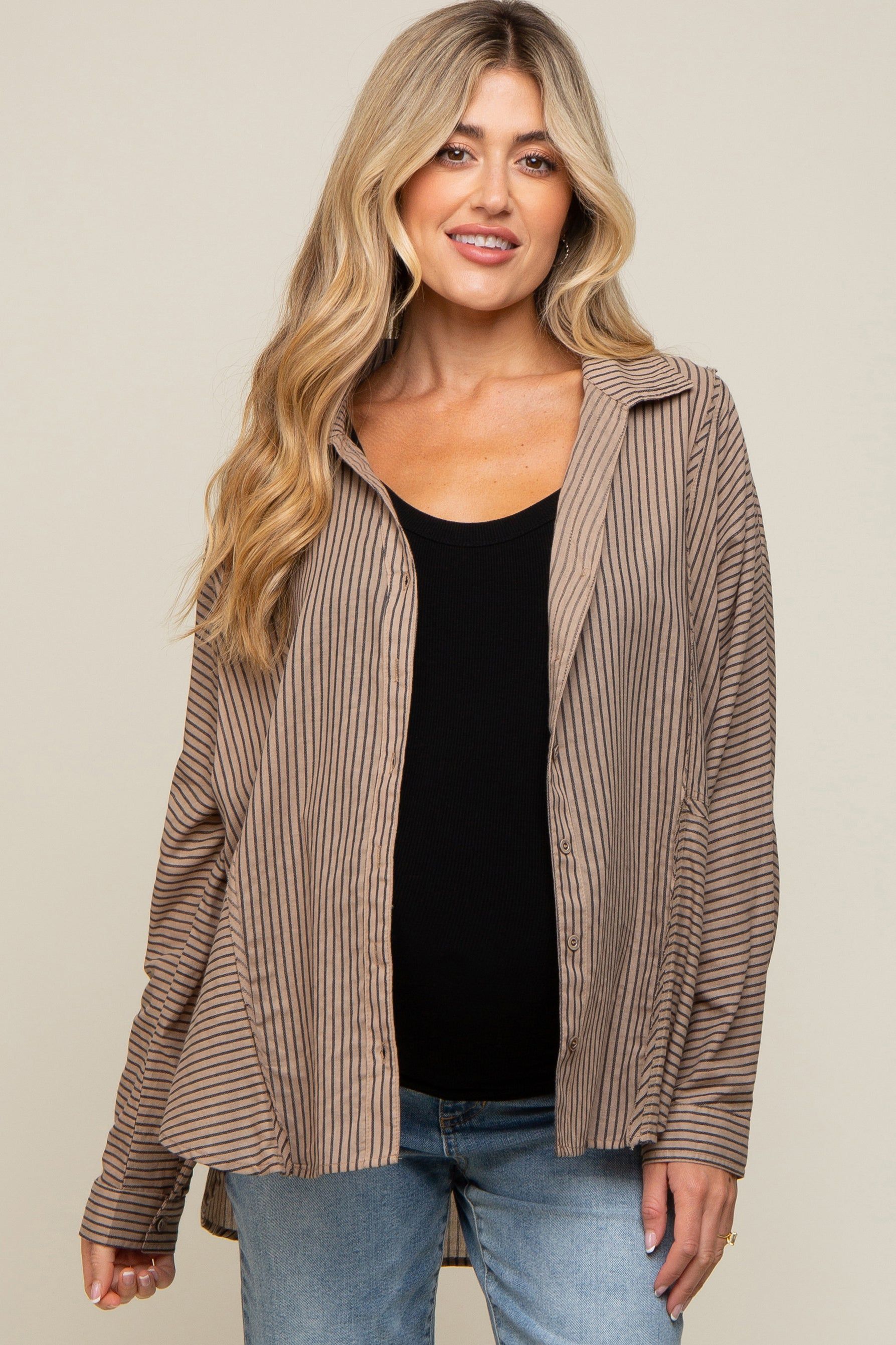 Mocha Striped Button Front Collared Long Sleeve Maternity Top sold by Pinkblush