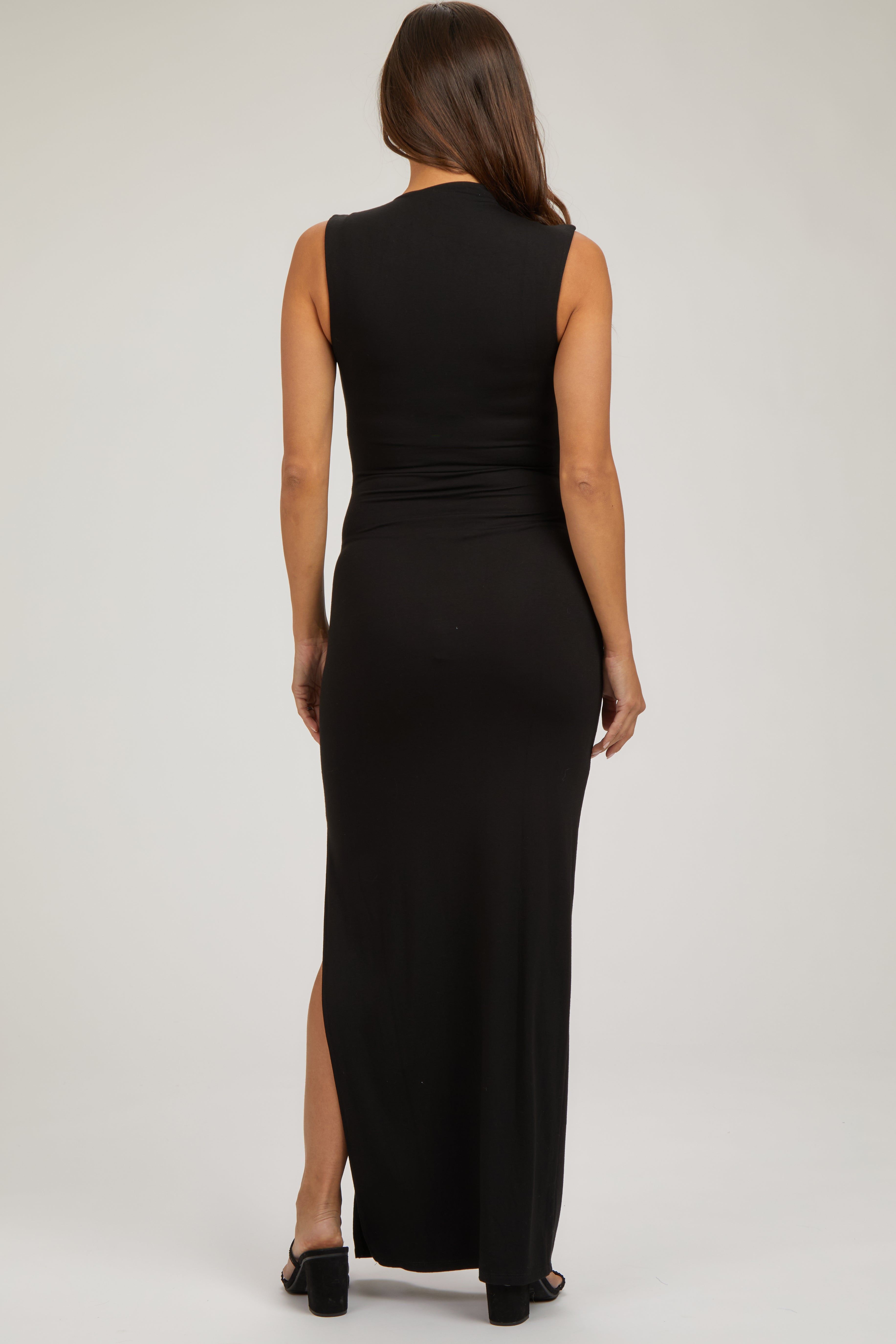 Black Asymmetrical Neck Side Slit Maternity Maxi Dress sold by Pinkblush product image thumbnail 2