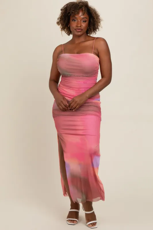 Pink Abstract Print Ruched Side Slit Maxi Dress sold by Pinkblush