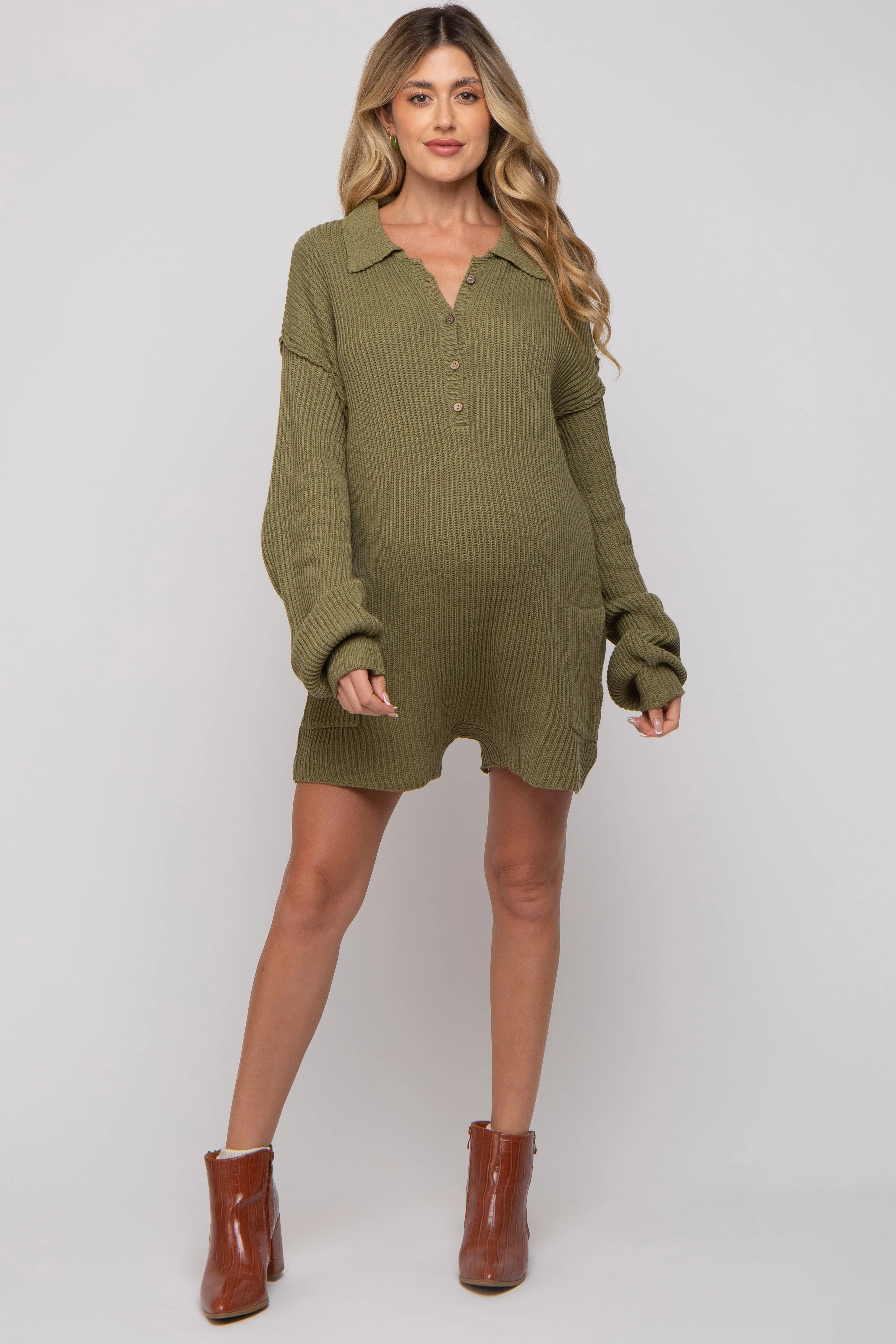 Olive Button Up Maternity Sweater Romper sold by Pinkblush product image thumbnail 5