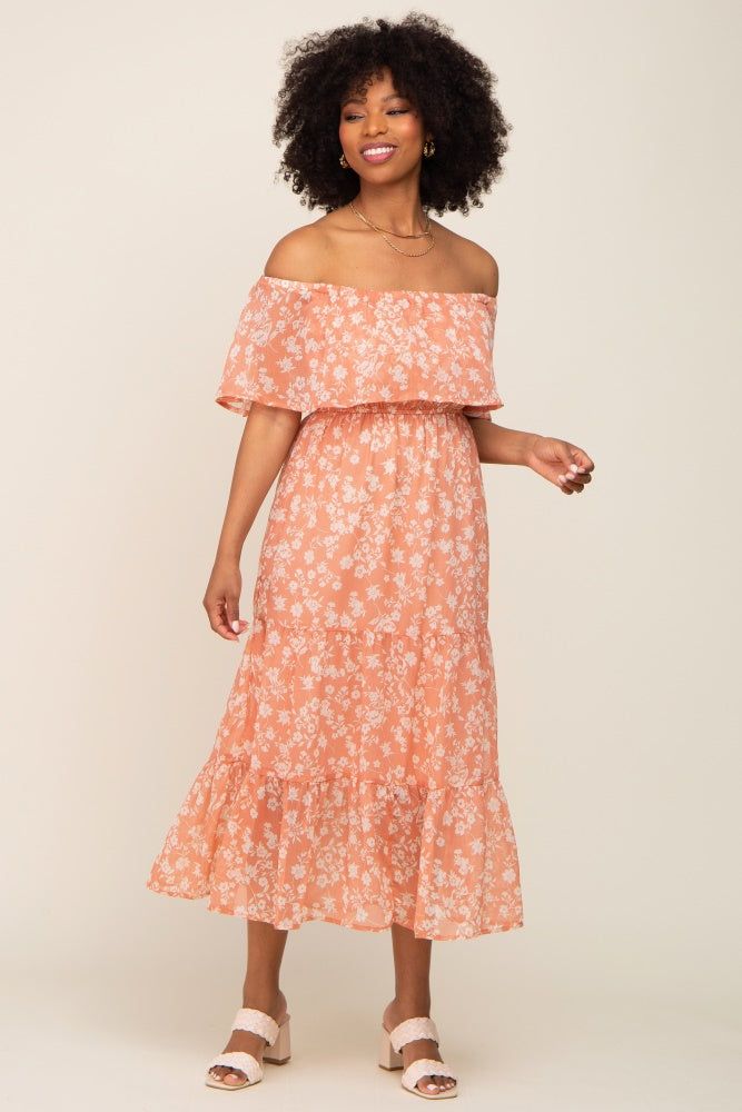 Salmon Floral Flounce Off Shoulder Midi Dress sold by Pinkblush product image thumbnail 4
