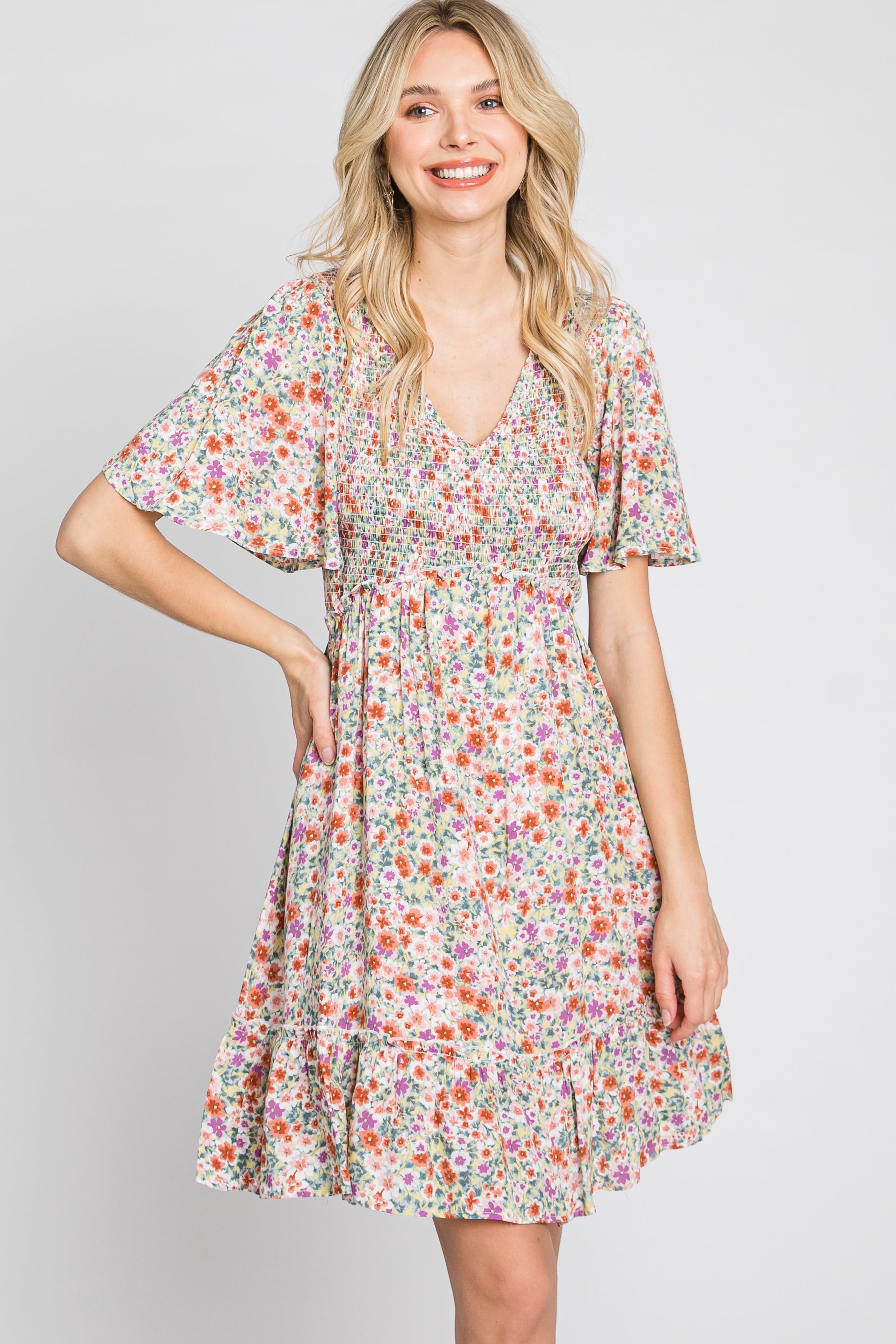 Yellow Multi Floral Smocked V-Neck Dress sold by Pinkblush product image thumbnail 3