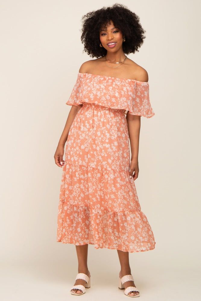 Salmon Floral Flounce Off Shoulder Midi Dress sold by Pinkblush