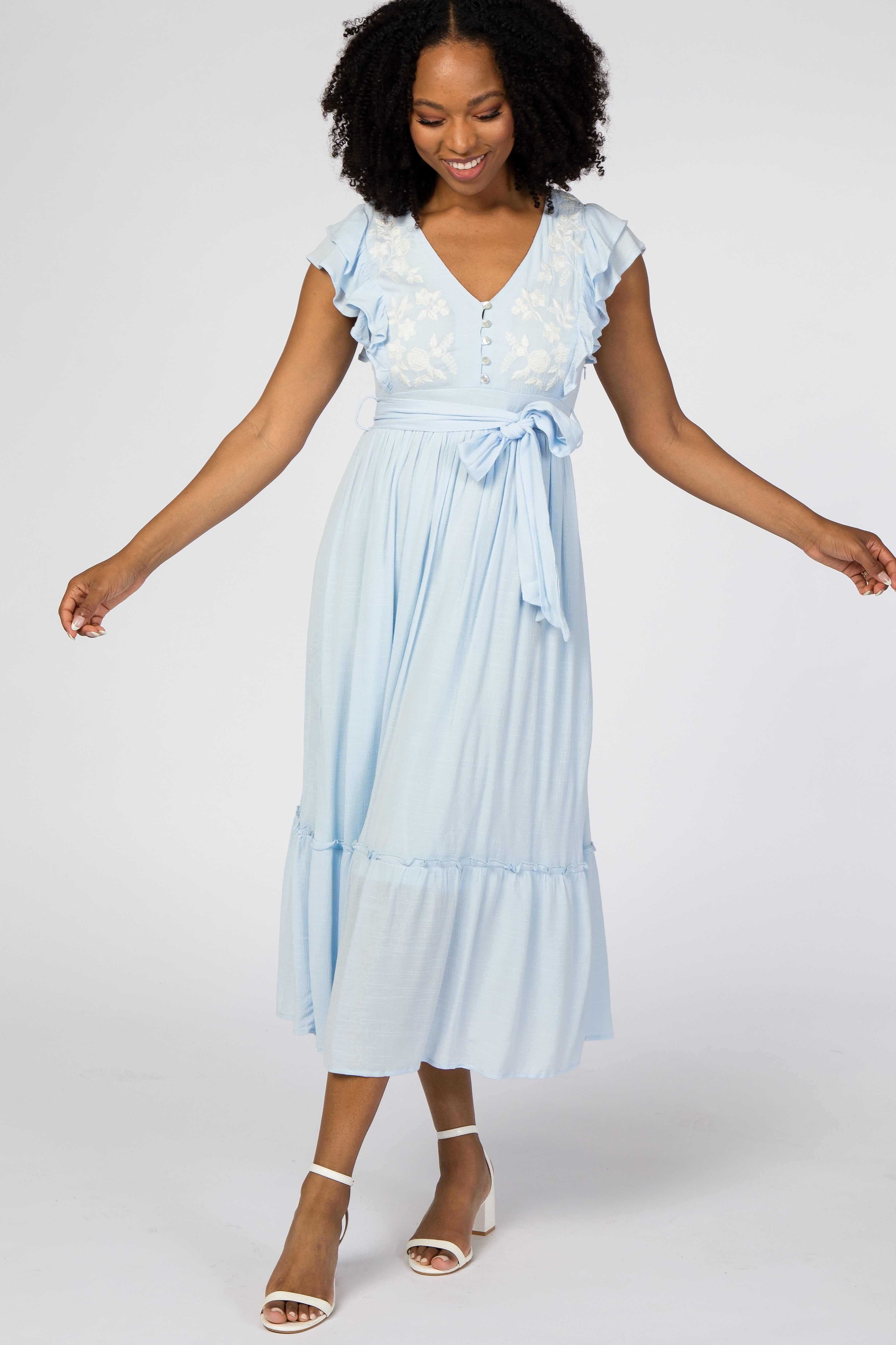 Light Blue Embroidered Waist Tie Ruffle Midi Dress sold by Pinkblush