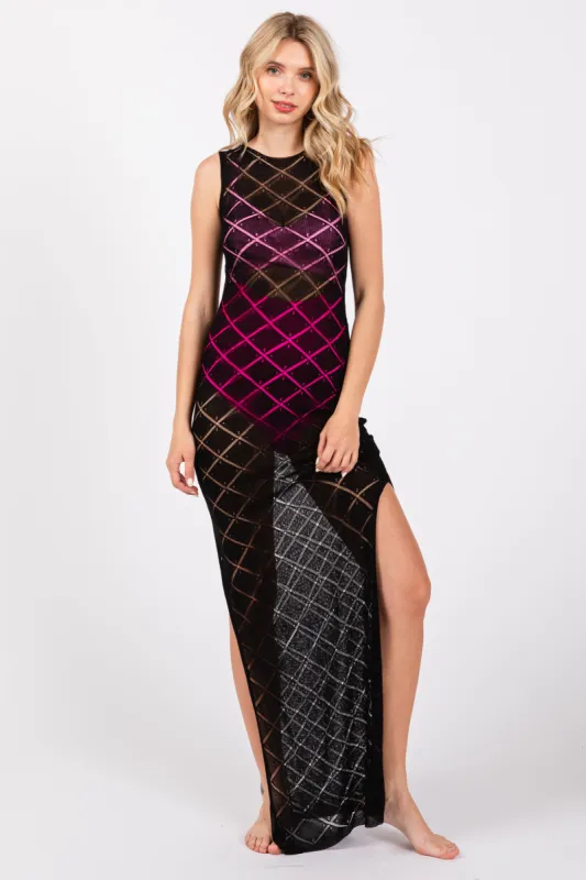 Black Sleeveless Crochet Double Side Slit Cover Up sold by Pinkblush