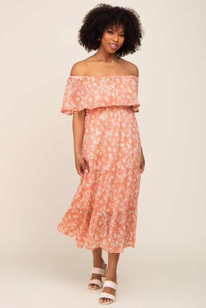 Salmon Floral Flounce Off Shoulder Midi Dress sold by Pinkblush product image thumbnail 5