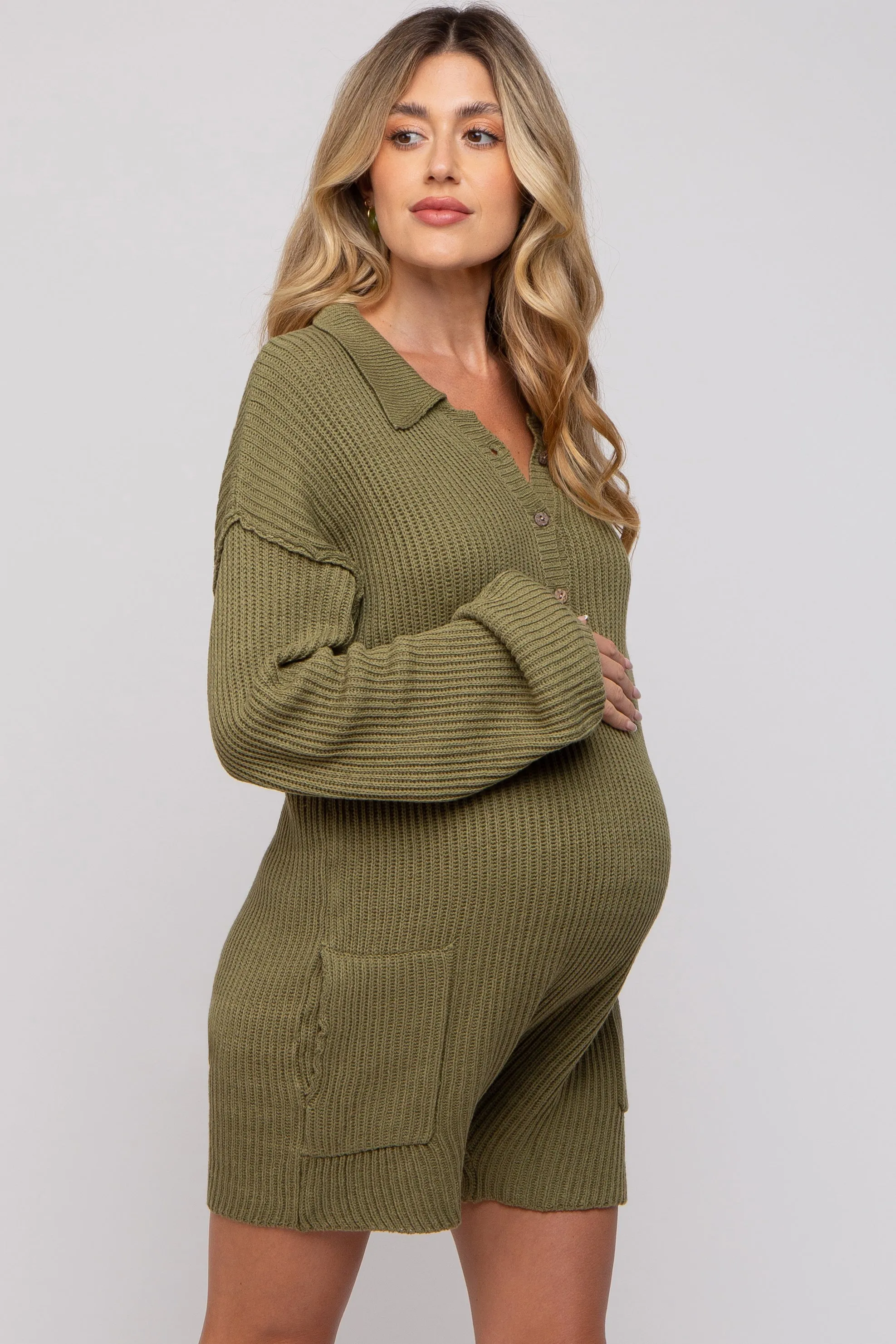 Olive Button Up Maternity Sweater Romper sold by Pinkblush product image thumbnail 3