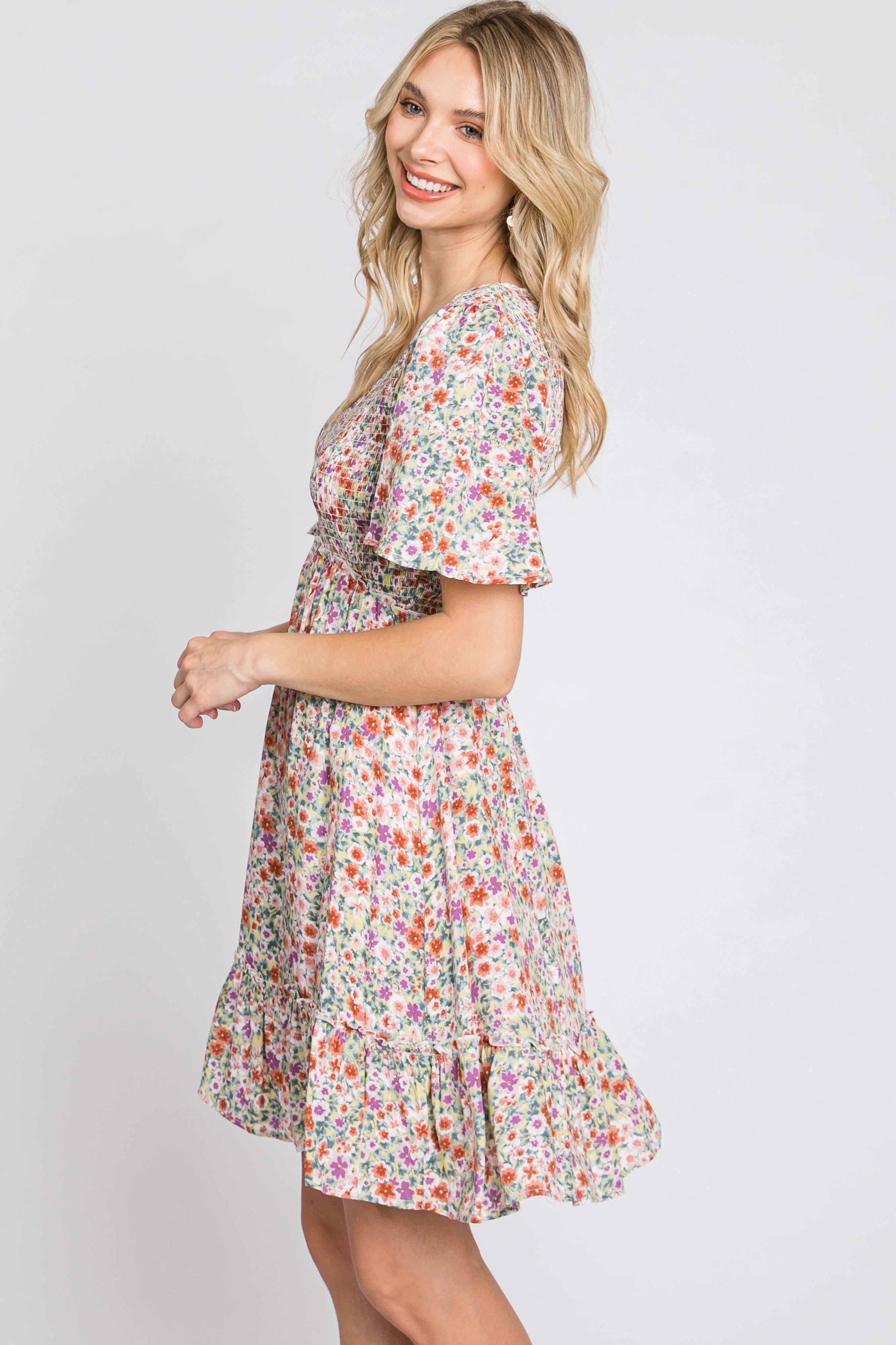 Yellow Multi Floral Smocked V-Neck Dress sold by Pinkblush product image thumbnail 4