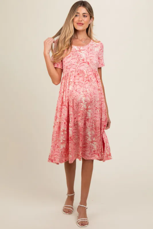 Pink Floral Tiered Maternity Midi Dress sold by Pinkblush