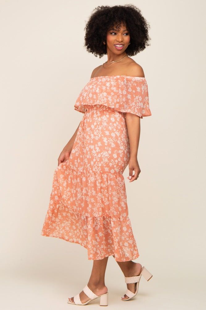 Salmon Floral Flounce Off Shoulder Midi Dress sold by Pinkblush product image thumbnail 2