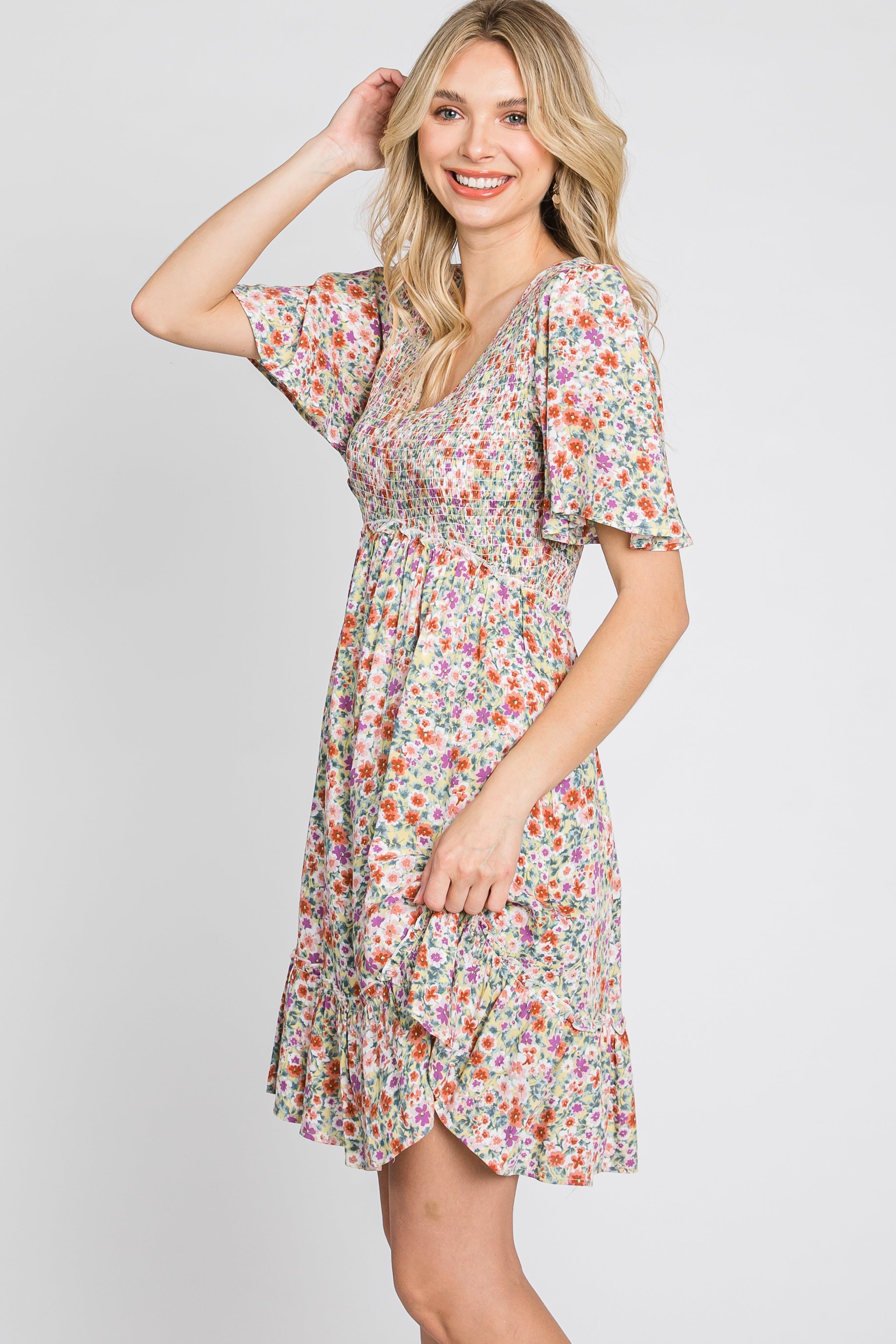 Yellow Multi Floral Smocked V-Neck Dress sold by Pinkblush product image thumbnail 5