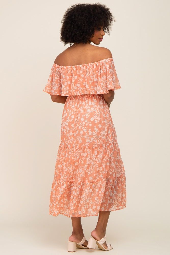 Salmon Floral Flounce Off Shoulder Midi Dress sold by Pinkblush product image thumbnail 3