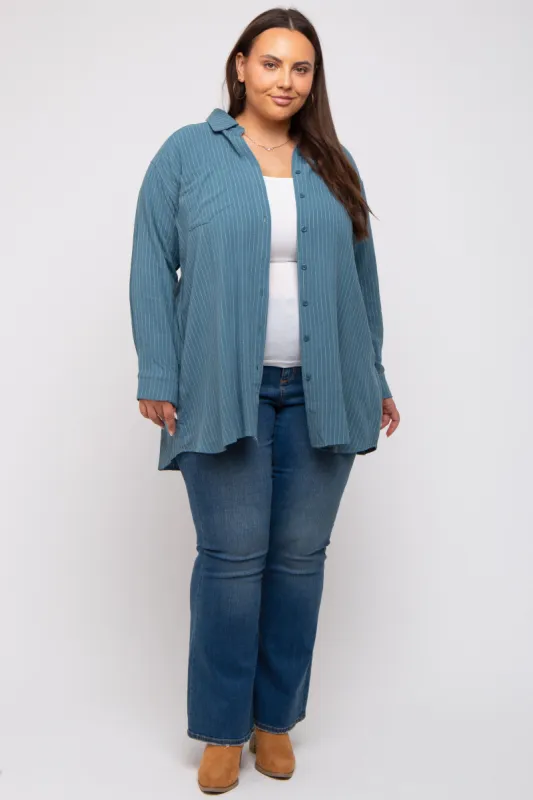 Teal Pinstriped Button-Down Linen Plus Tunic sold by Pinkblush