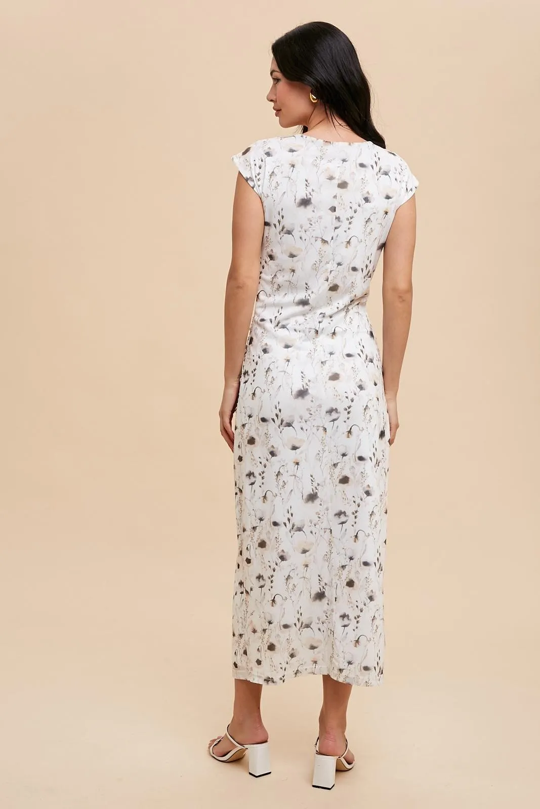 Cream Floral Mesh Ruched Sides Maxi Dress sold by Pinkblush product image thumbnail 4