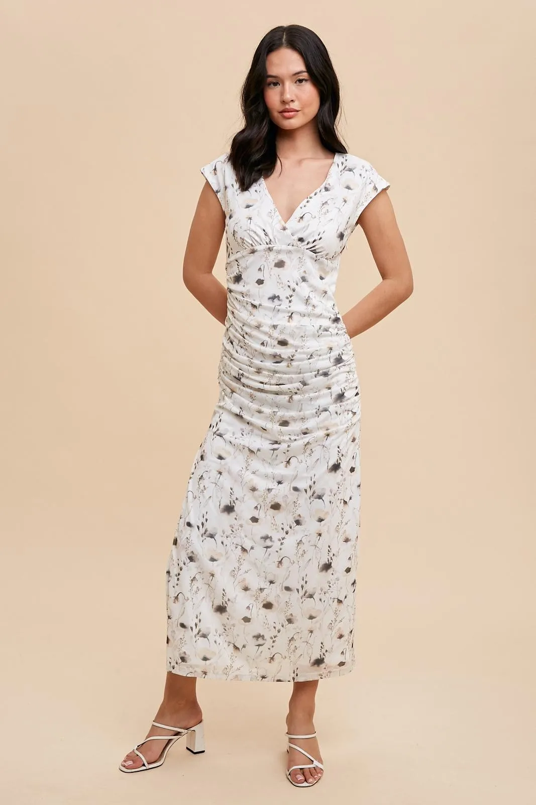 Cream Floral Mesh Ruched Sides Maxi Dress sold by Pinkblush product image thumbnail 2
