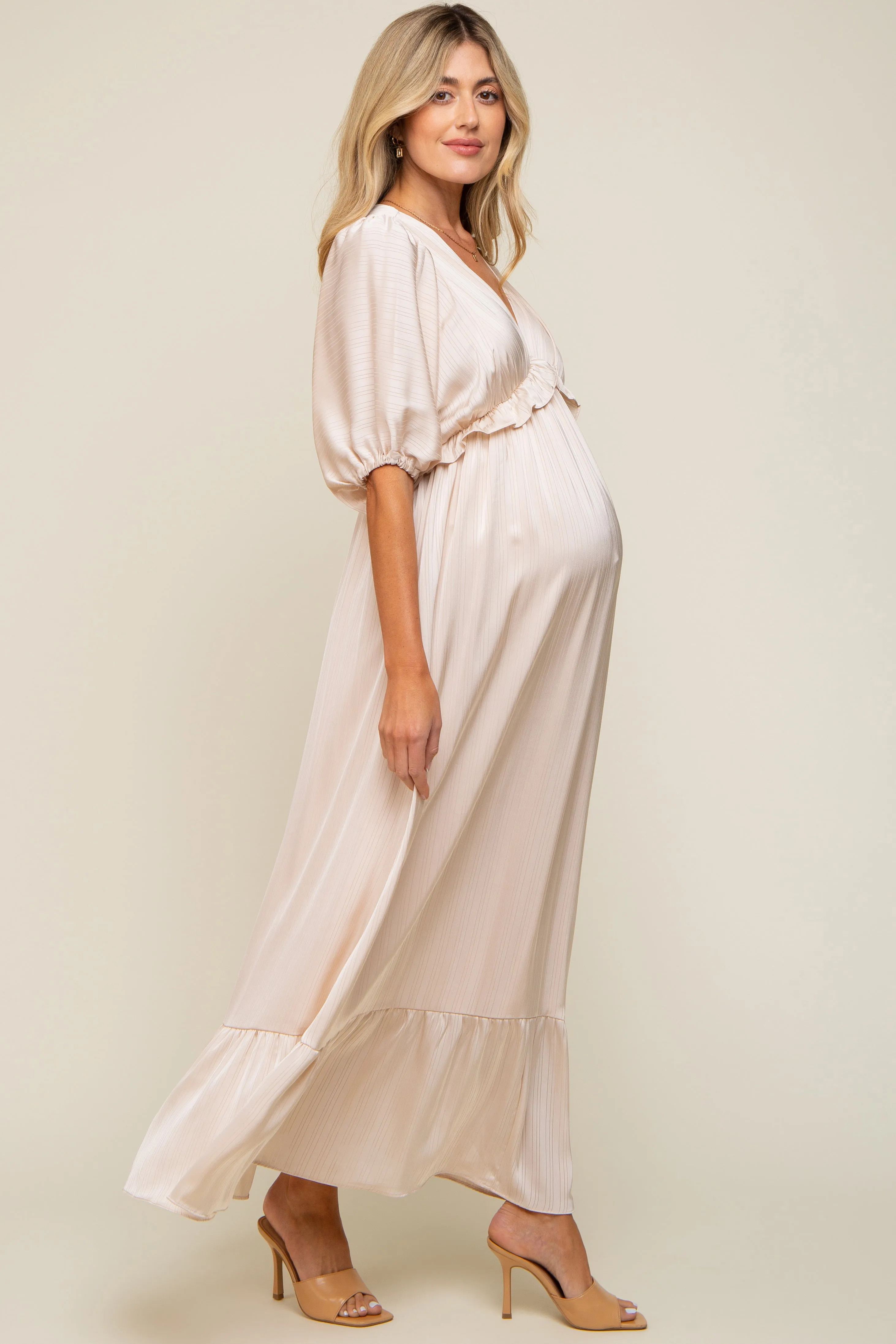 Beige Striped Ruffle Accent Maternity Maxi Dress sold by Pinkblush product image thumbnail 2