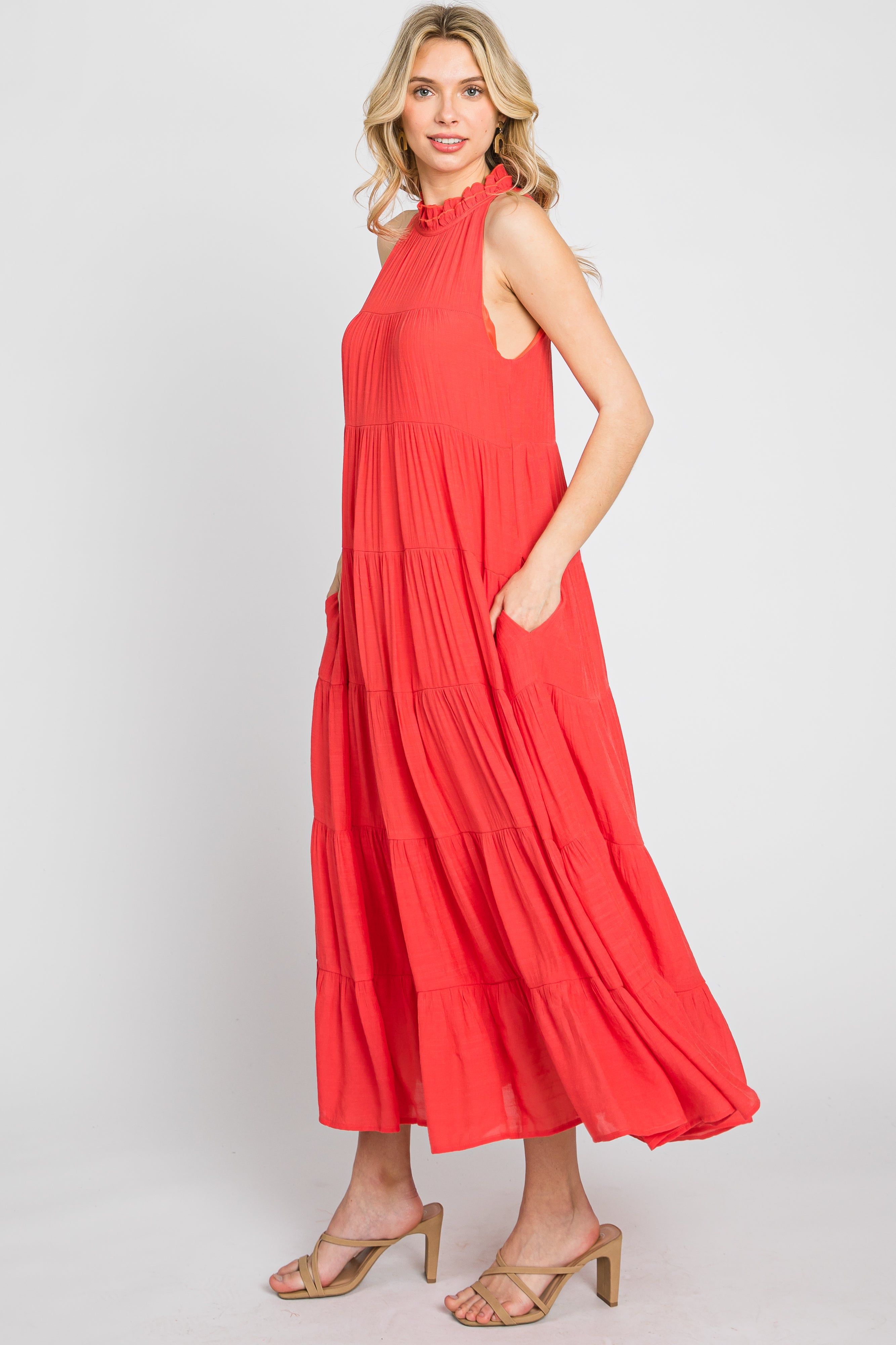 Coral Tiered High Neck Maxi Dress sold by Pinkblush product image thumbnail 3