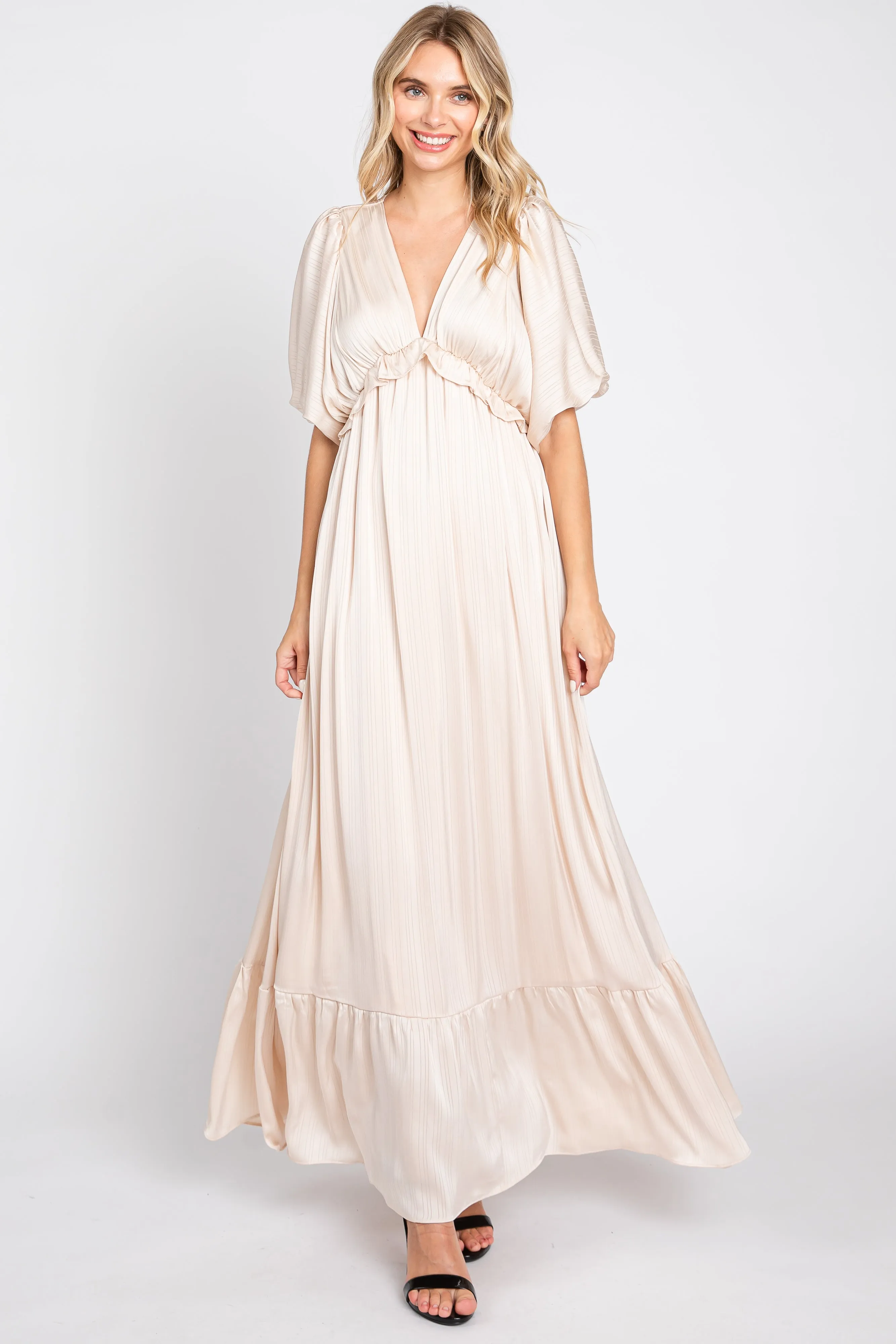 Beige Striped Ruffle Accent Maternity Maxi Dress sold by Pinkblush product image thumbnail 5