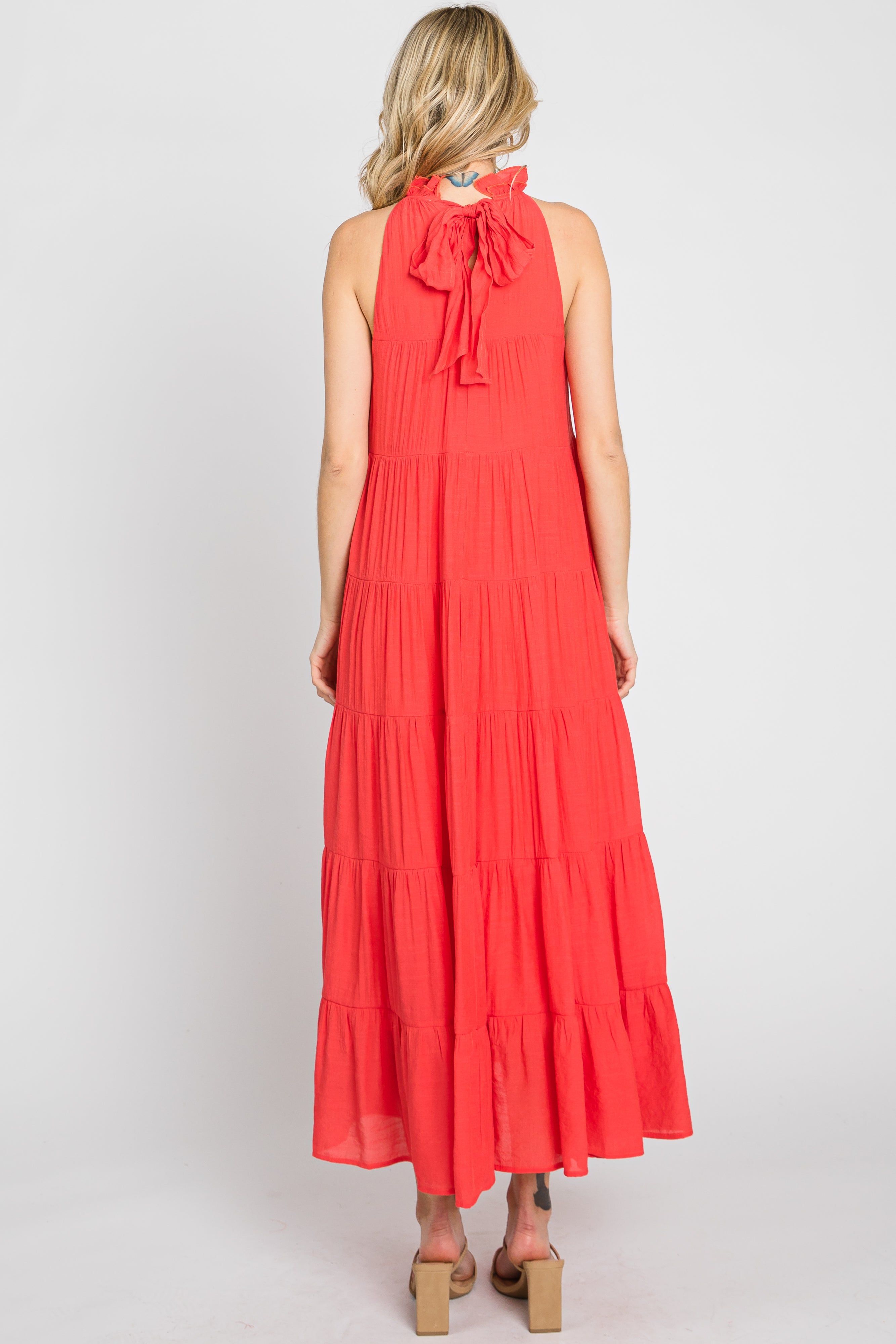 Coral Tiered High Neck Maxi Dress sold by Pinkblush product image thumbnail 4