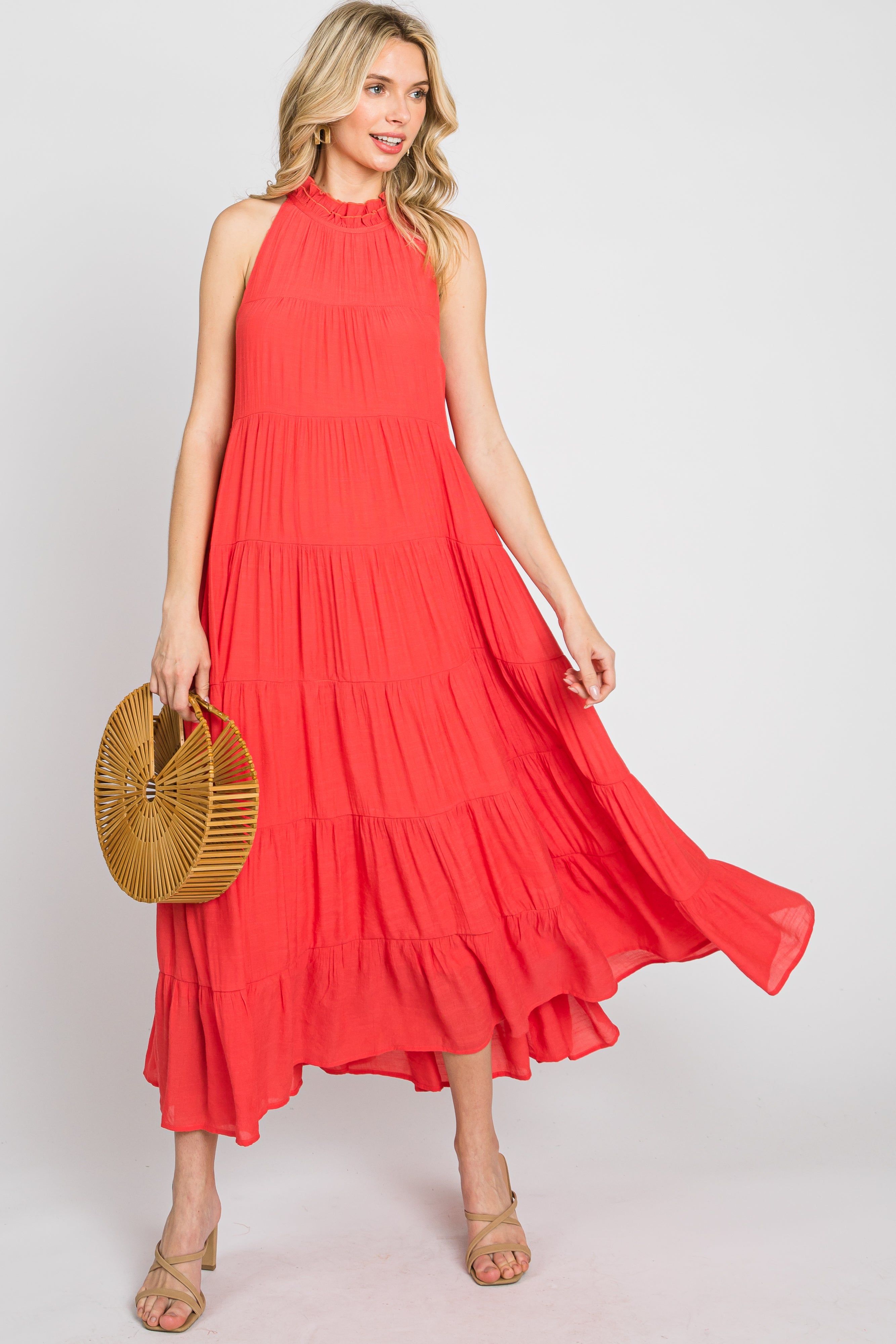 Coral Tiered High Neck Maxi Dress sold by Pinkblush